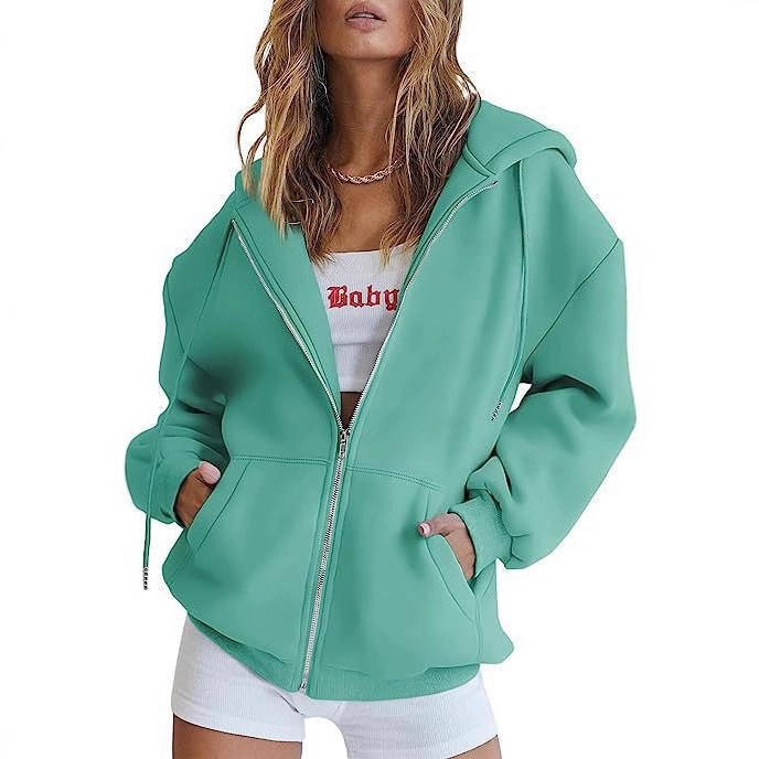 Women's Minimalist Solid Print Zip-Up Hoodie