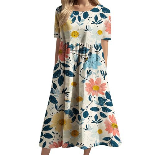 Women's Floral Print Ruched Midi Dress Short Sleeve Crew Neck