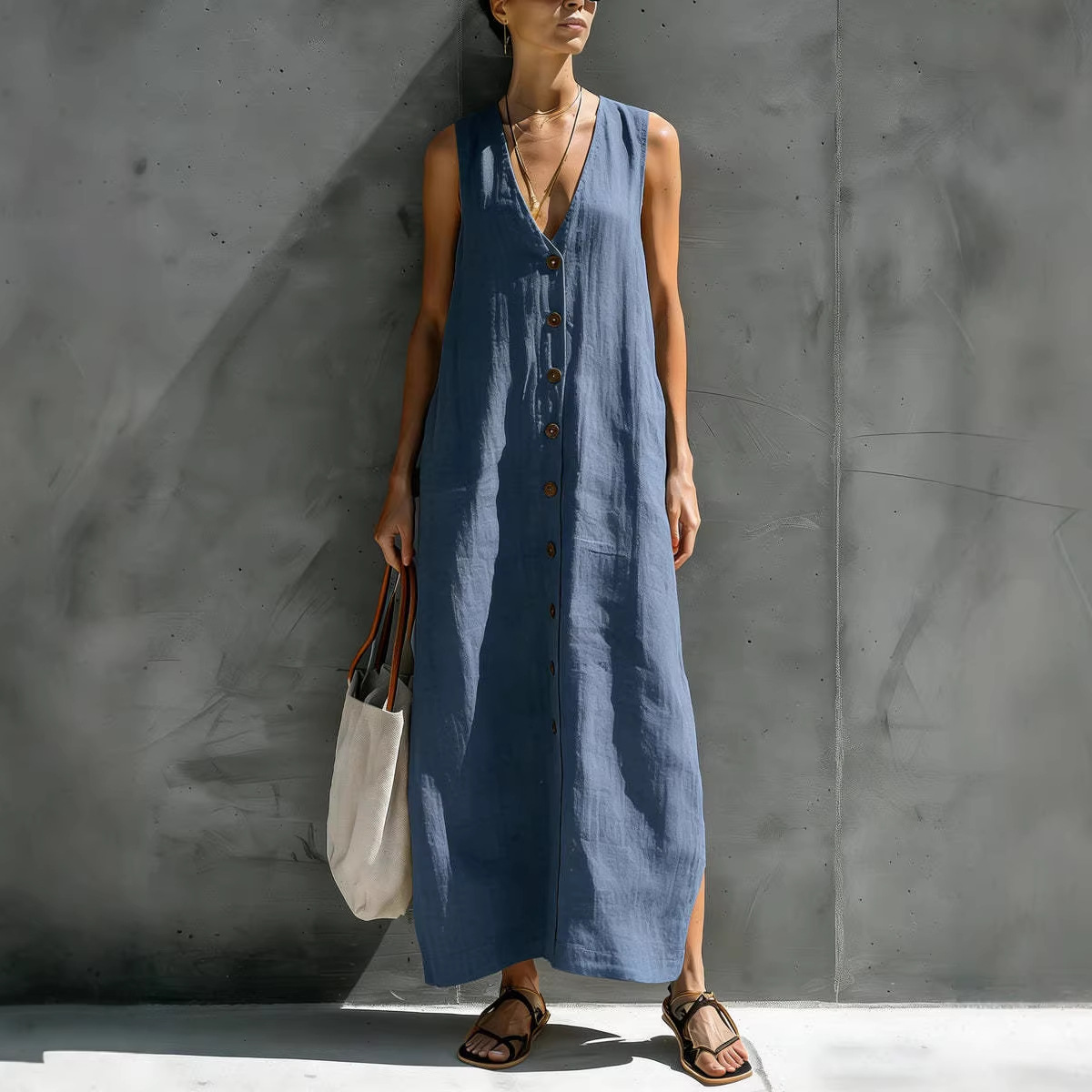 Solid V-Neck Button Sleeveless Cotton-Linen Maxi Dress