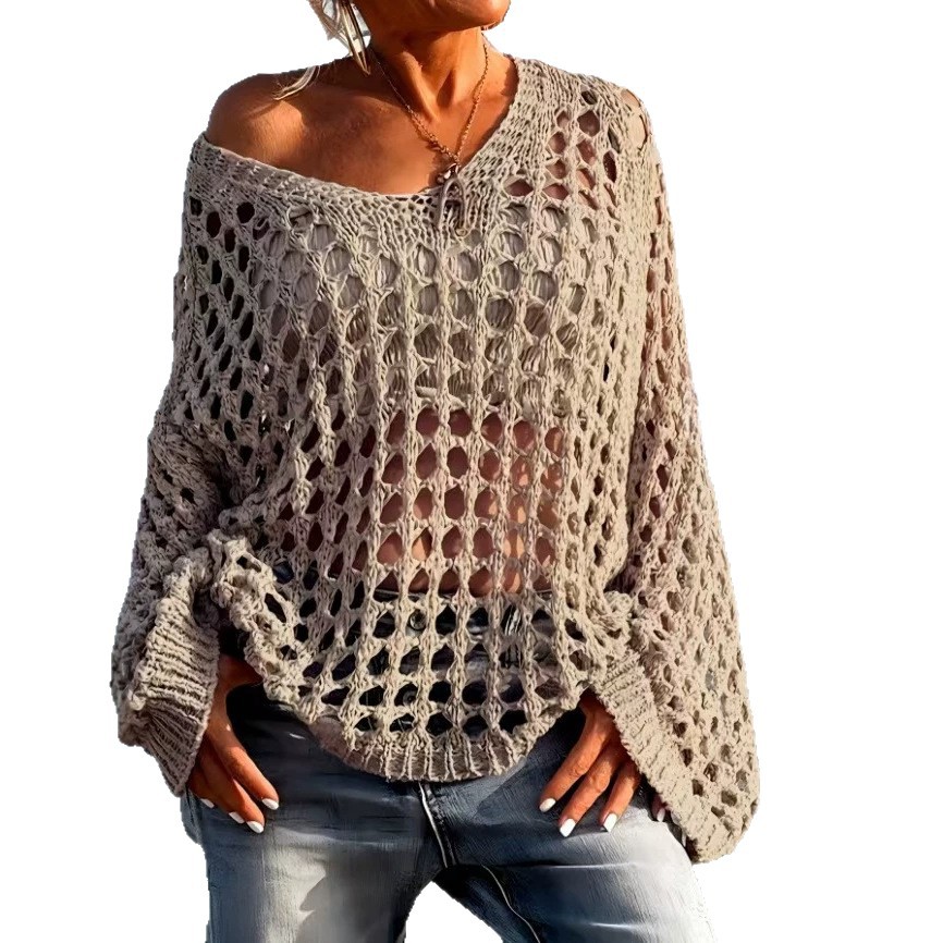 Women's Loose Open-Knit V-Neck Long-Sleeve Top
