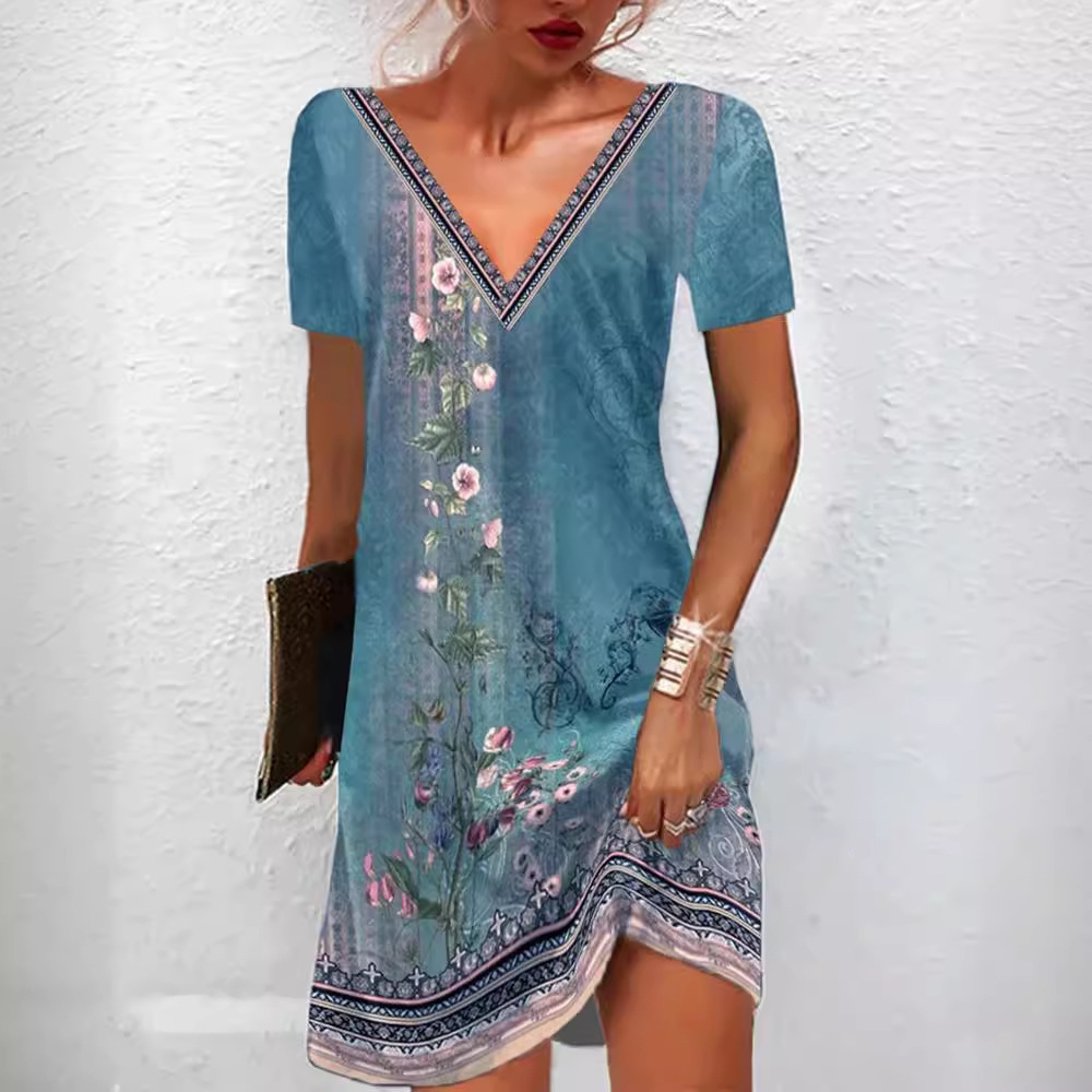 Women's Ethnic Floral Print V-Neck Short Sleeve A-Line Midi Dress