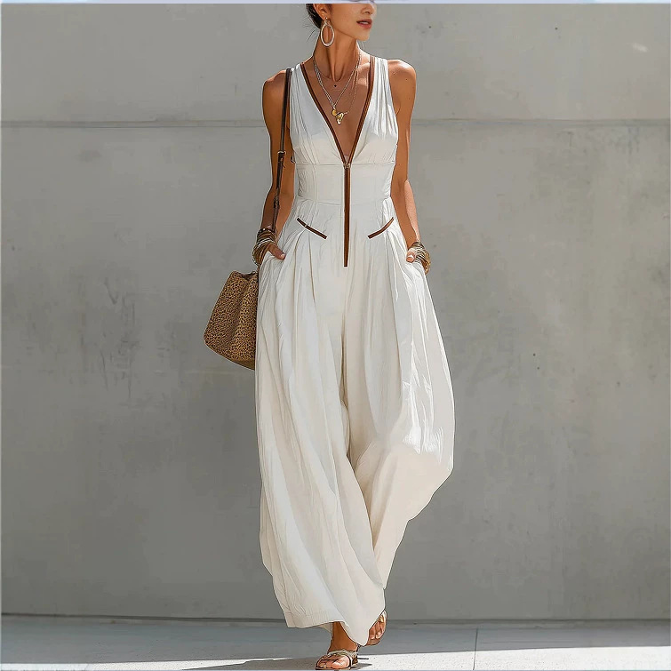 Elegant V-Neck Zip Waist-Cinching Sleeveless Jumpsuit
