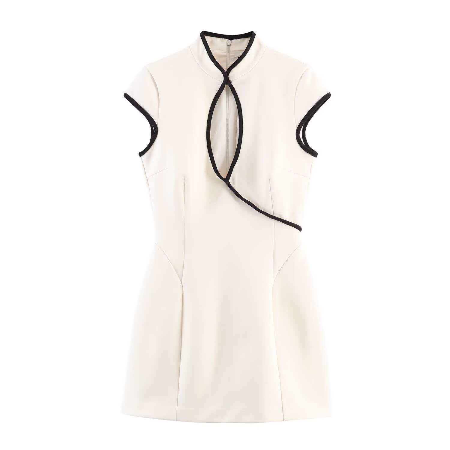 Women's Summer Colorblock Trim Stand Collar Waist-Cinched Dress
