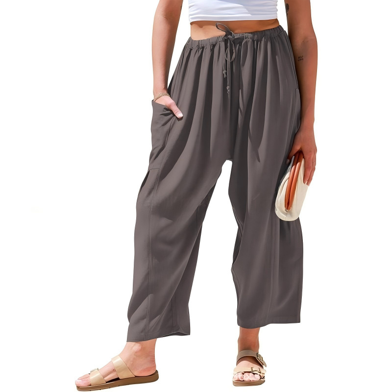 Women's Cotton-Linen Straight-Leg Cropped Pants with Elastic Waist and Pleats, Breathable Casual