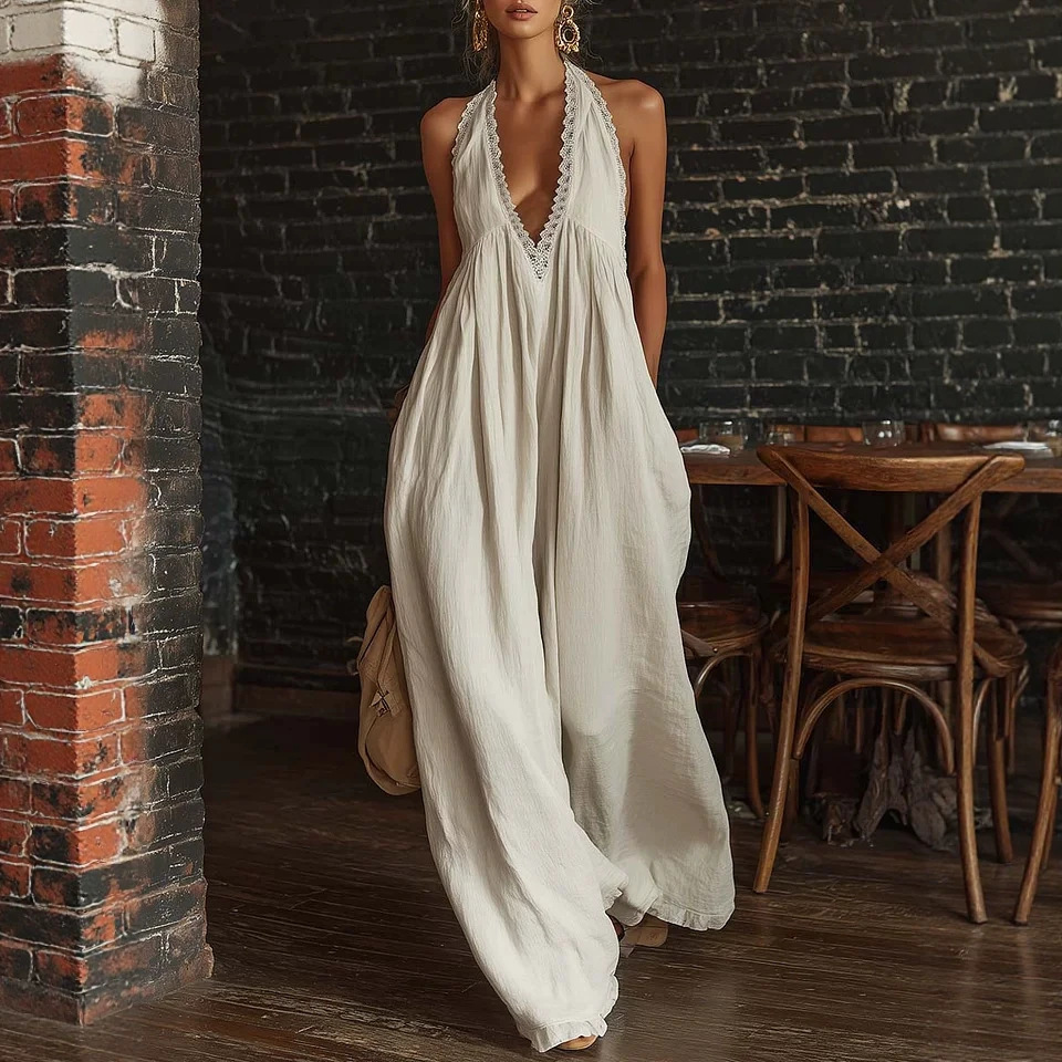 Lace-Trim Loose Linen Jumpsuit