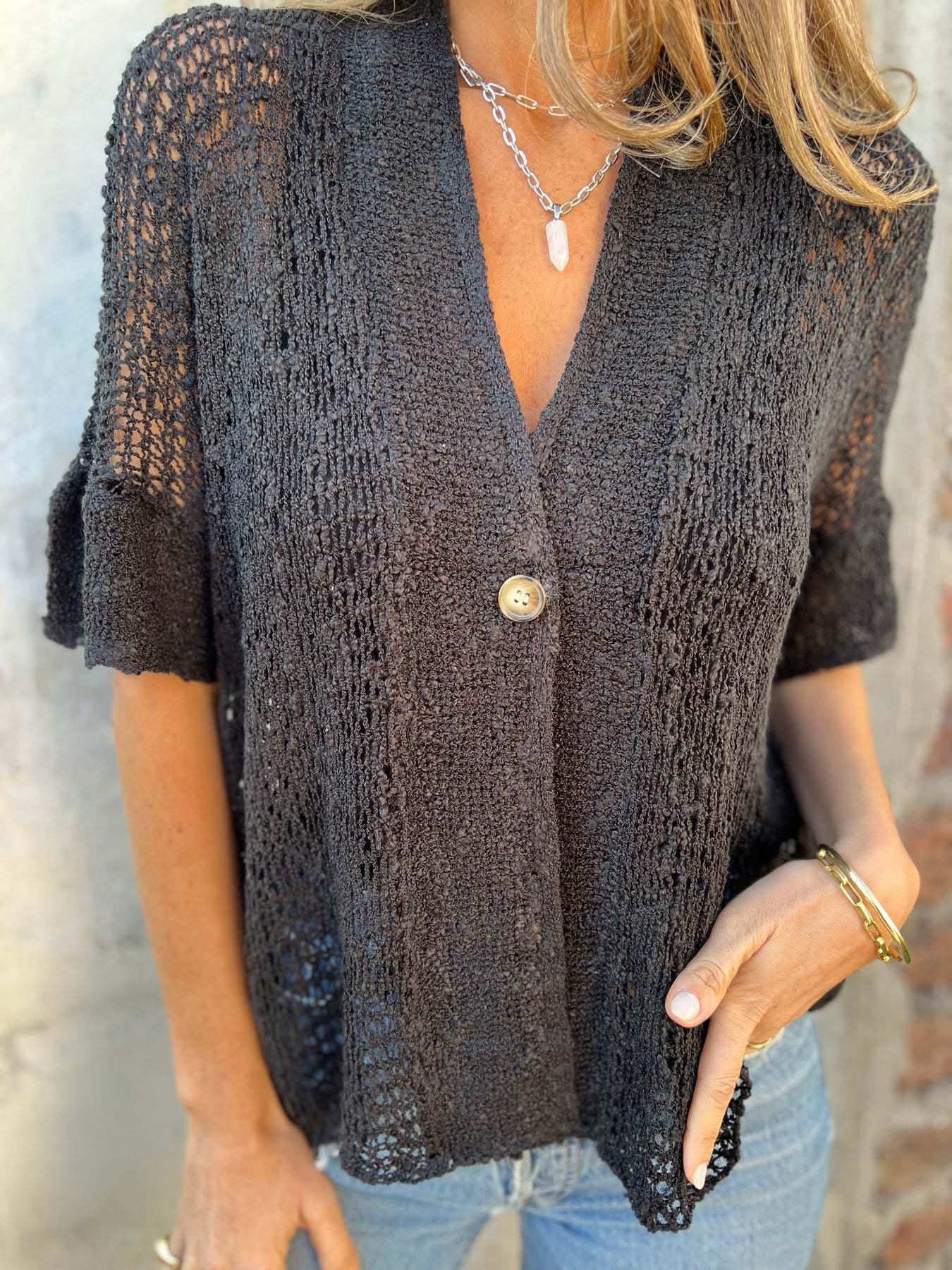 Women's One-Button Hollow-Out Knit Cardigan Top