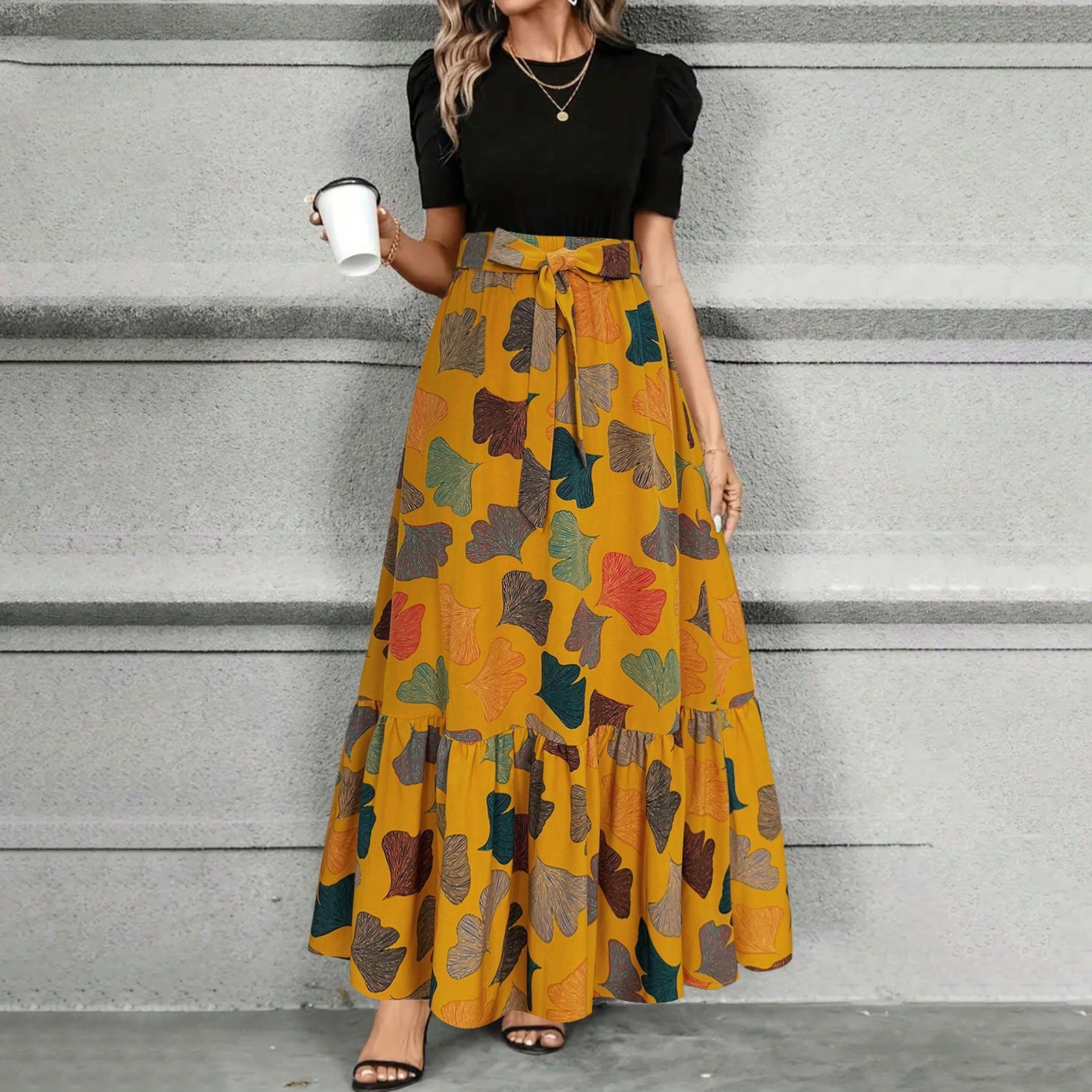 Floral Print Round Neck Short Sleeve A-Line Maxi Dress