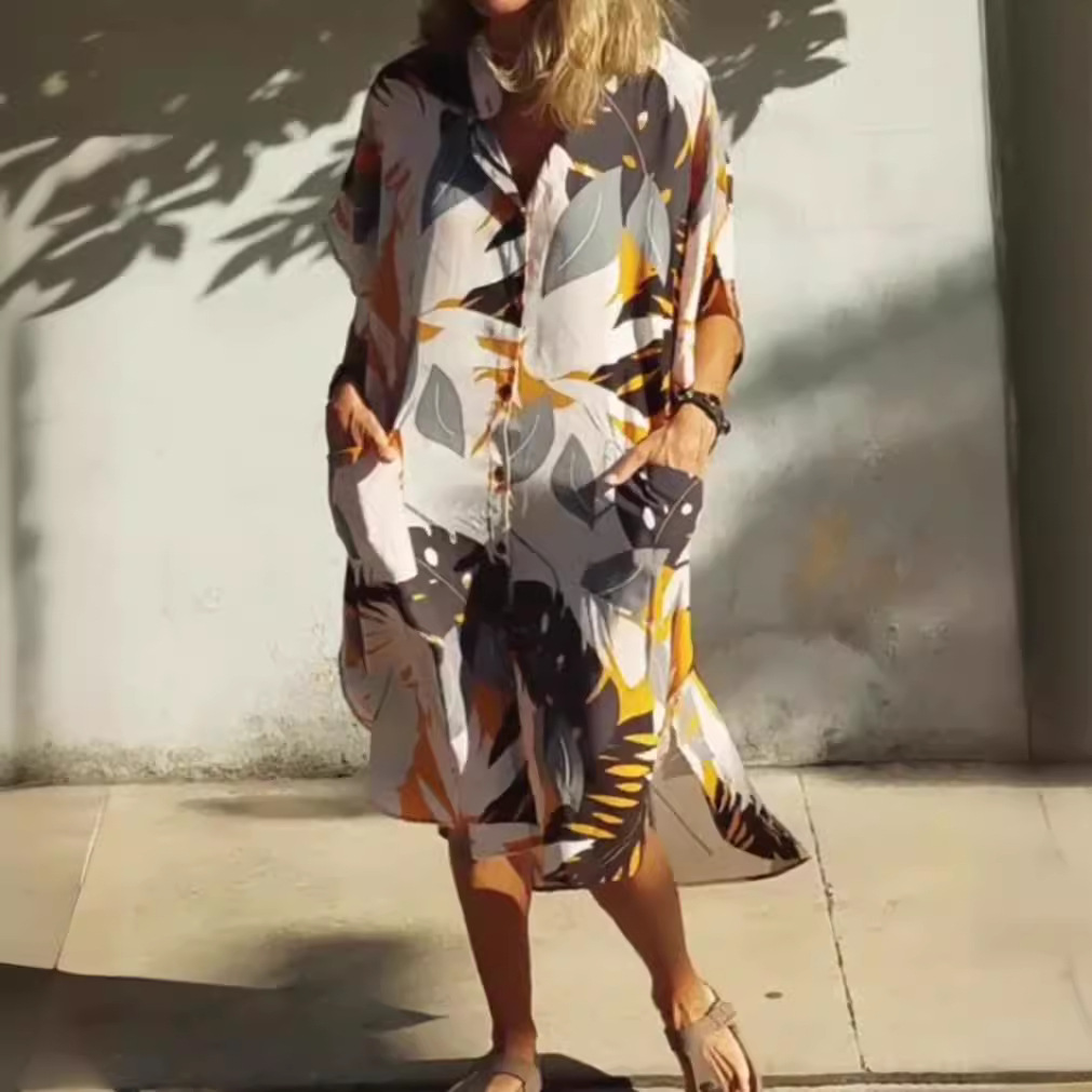Maple Print Button-Front Midi Dress with Pockets