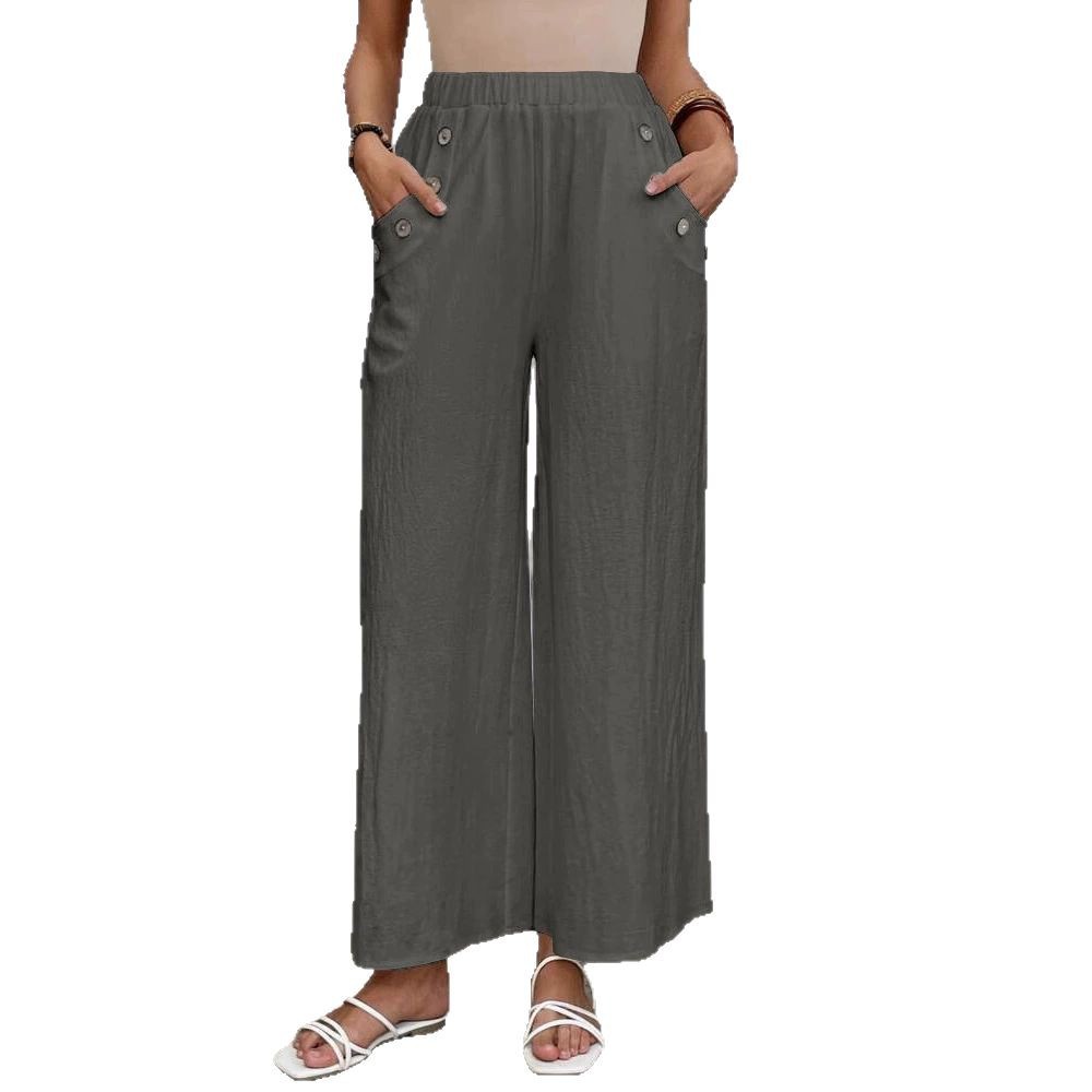 Women's High-Waist Cropped Straight-Leg Pants with Button and Pockets