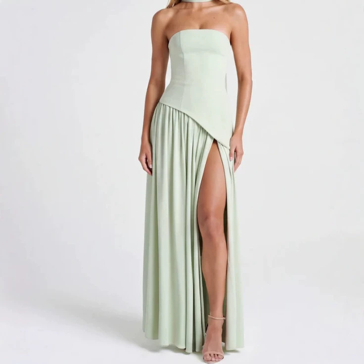 Women's Strapless Solid High Slit Backless Long Dress