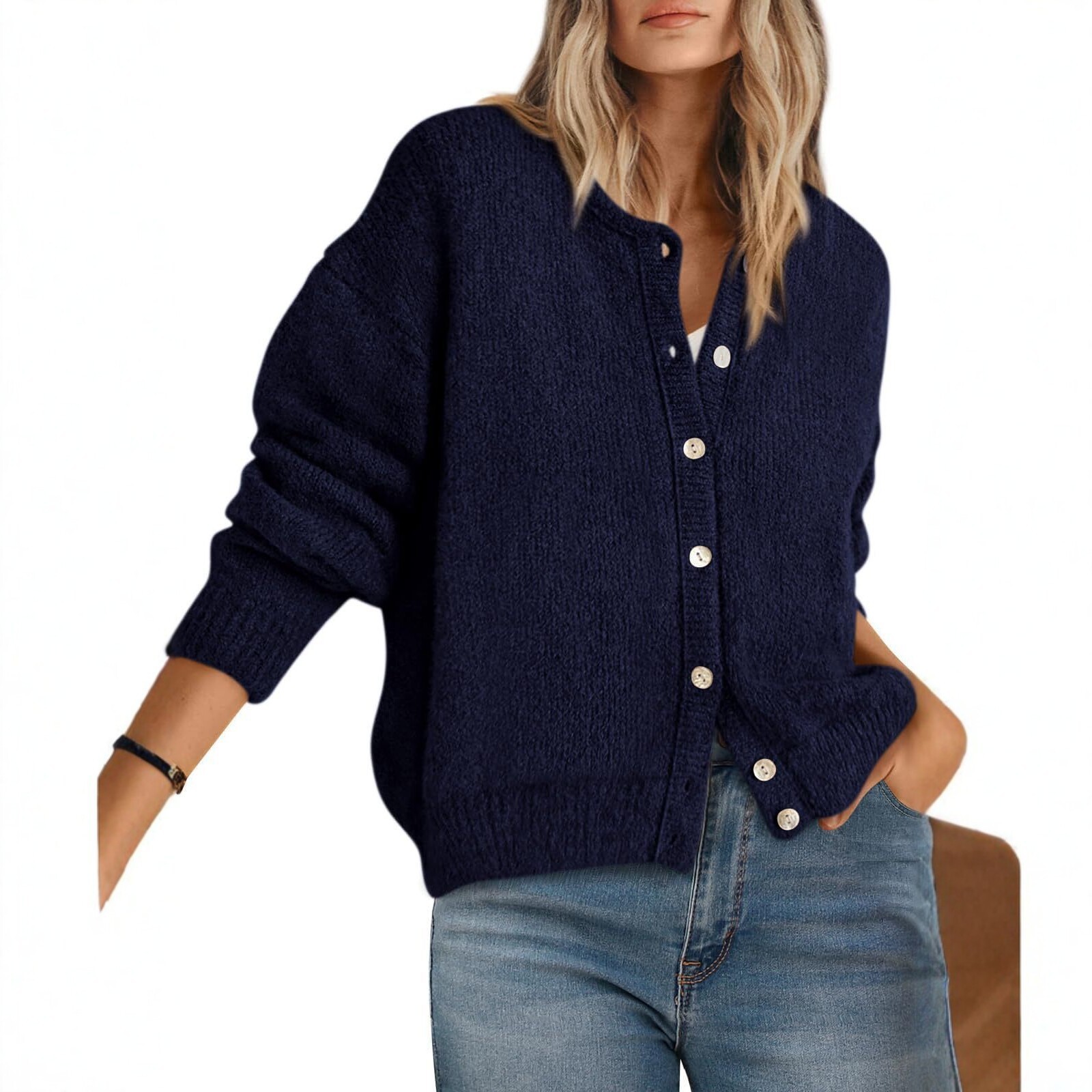 Women's Loose Crewneck Button-Front Knit Cardigan Solid Long-Sleeve Sweater Coat