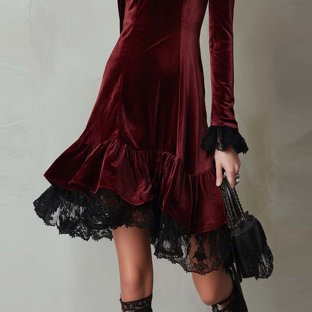 Women's French Lace Panel Dress Long Sleeve High Waist Midi