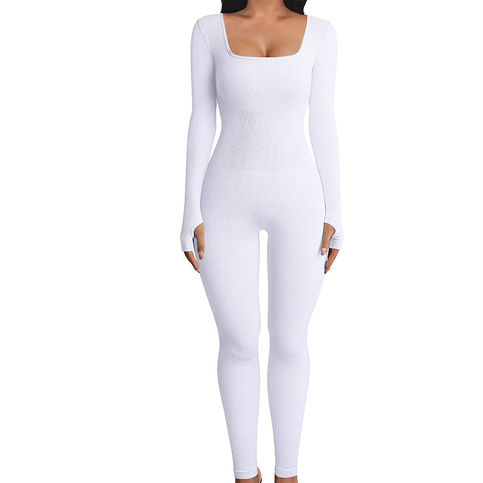 Women's Ribbed Square Neck Bodysuit Slimming Long Sleeve