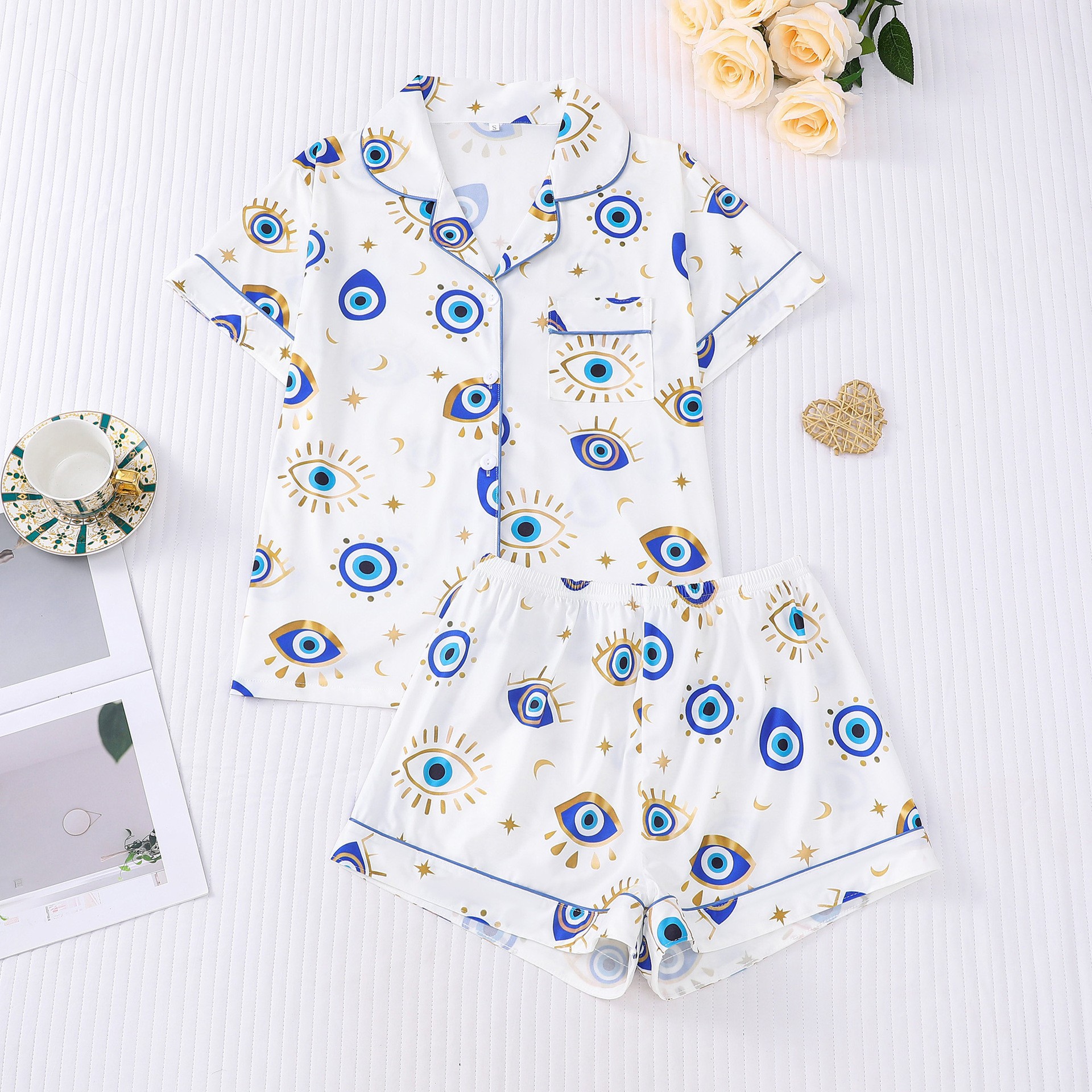 Women's Printed Short Sleeve Shorts Pajama Set with Collar Loose Comfortable
