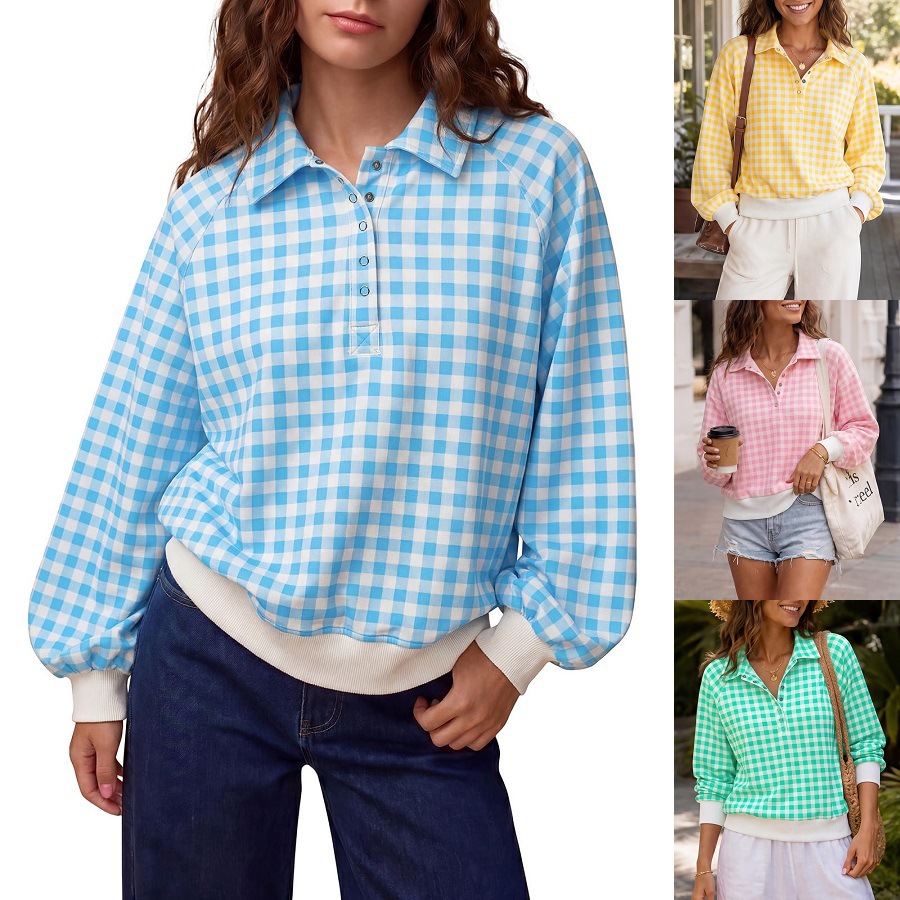 Women's Plaid Polo Neck Loose Long Sleeve Pullover Sweatshirt