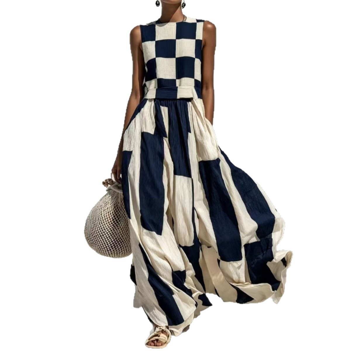 Black and White Plaid Sleeveless A-Line Maxi Dress