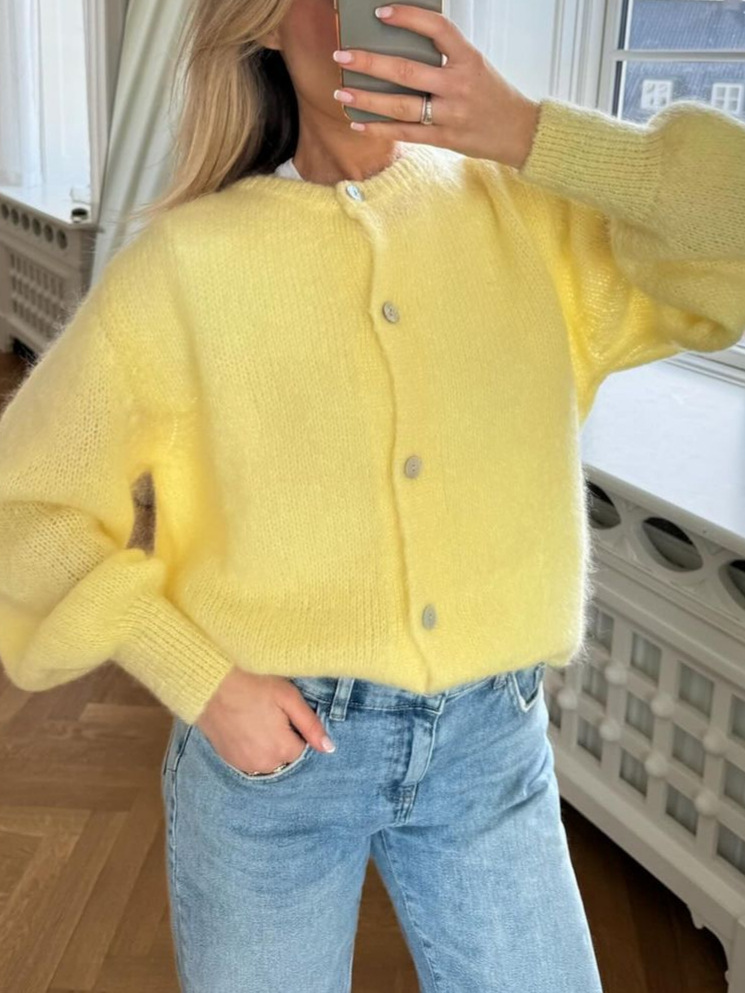Women's Loose Knit Button-Front Cardigan Sweater Long Sleeve Crew Neck