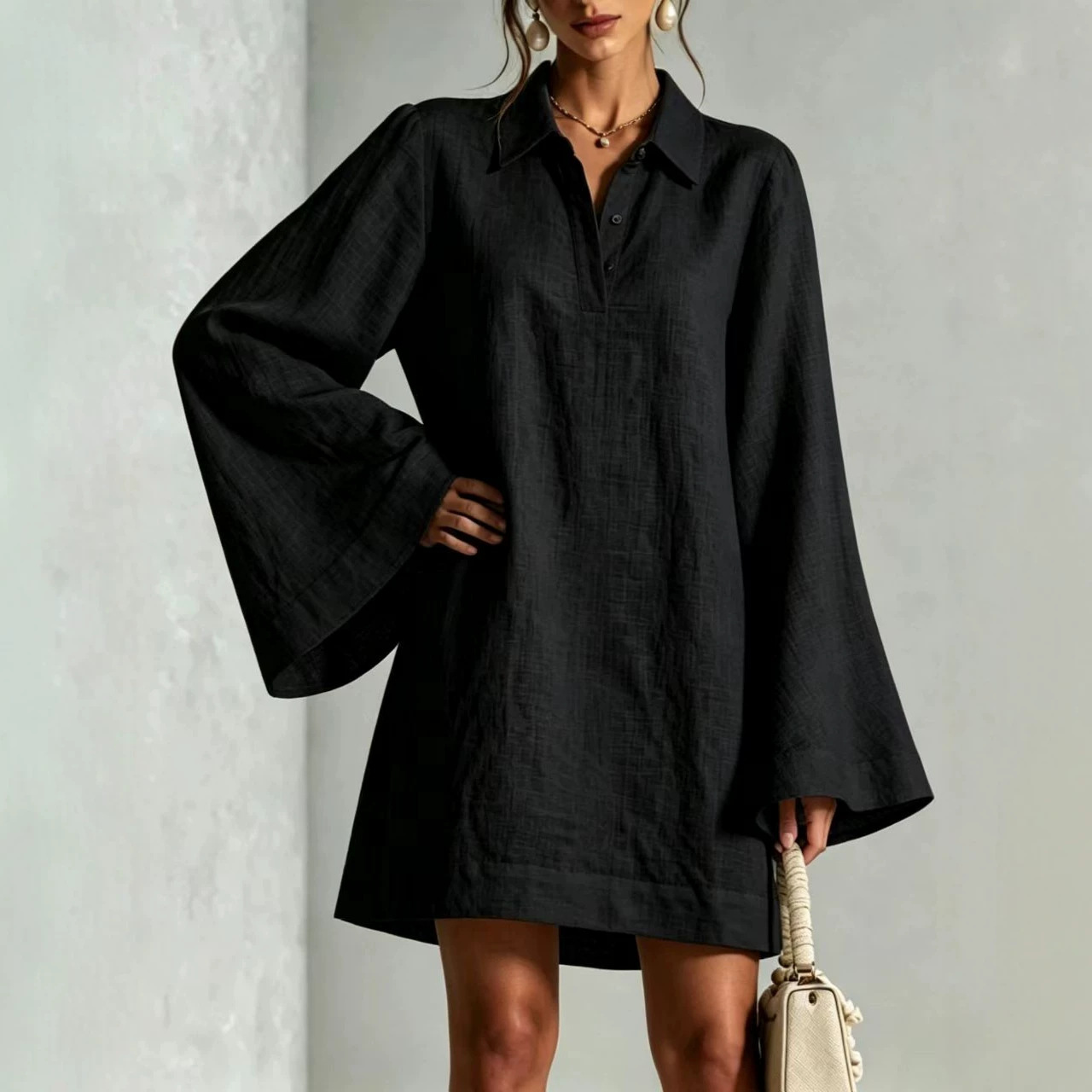 Women's Solid Color Flare Sleeve Dress with Lapel Collar, Loose Casual Midi