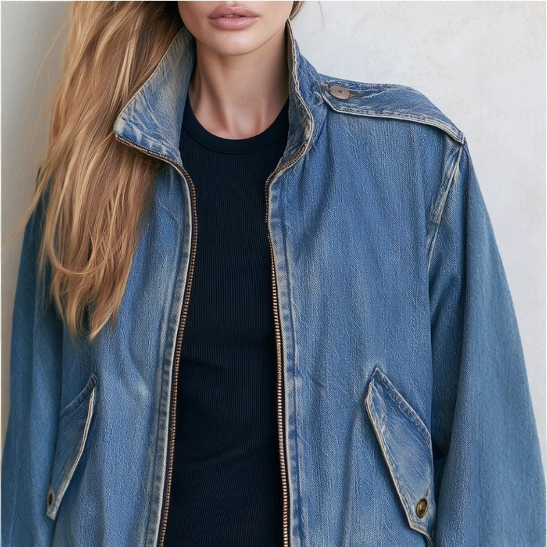 Retro Stand Collar Zip Washed Denim Blue Bomber Jacket