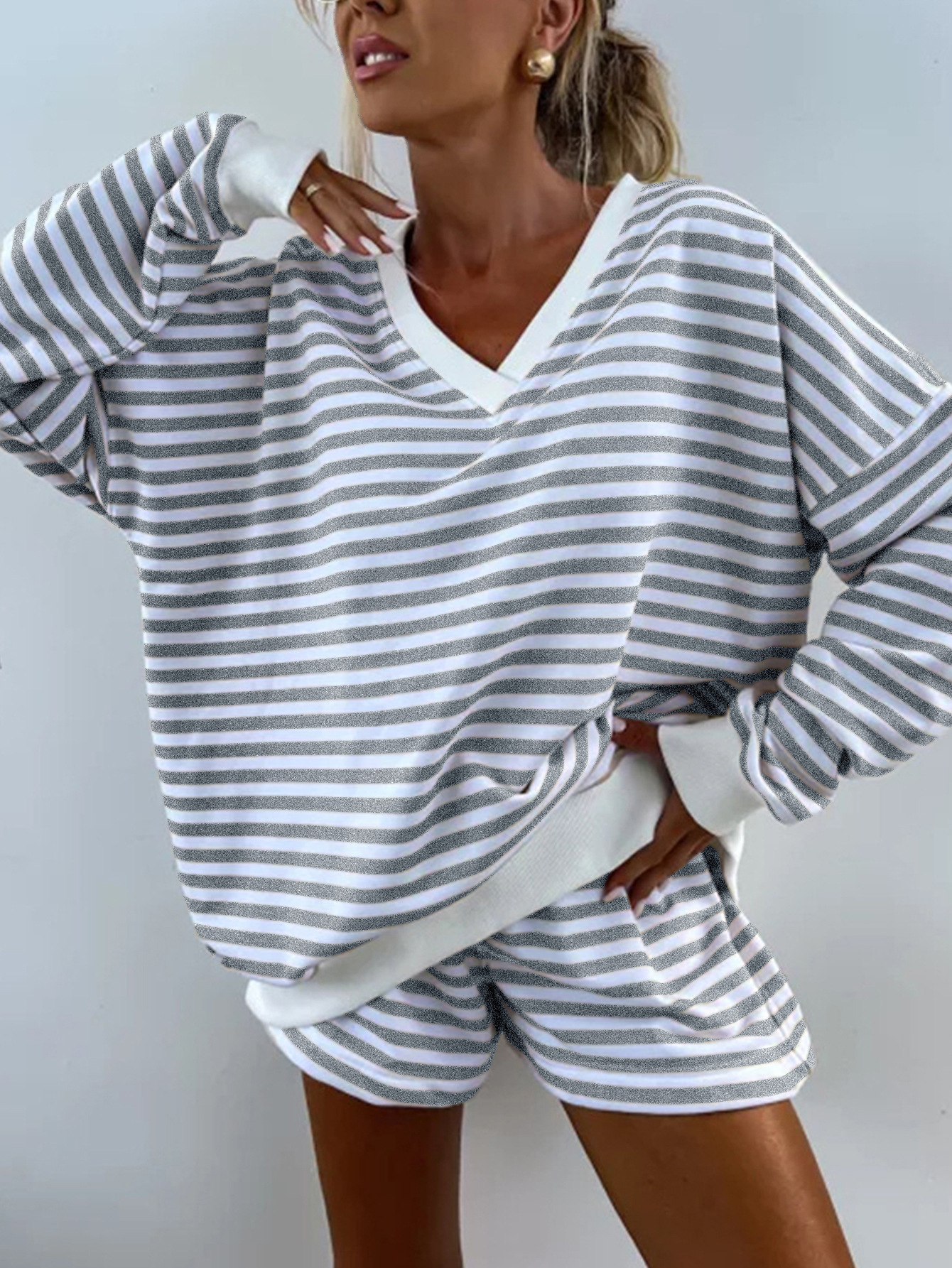 Women's Striped V-Neck Long Sleeve T-Shirt and Shorts Casual Set