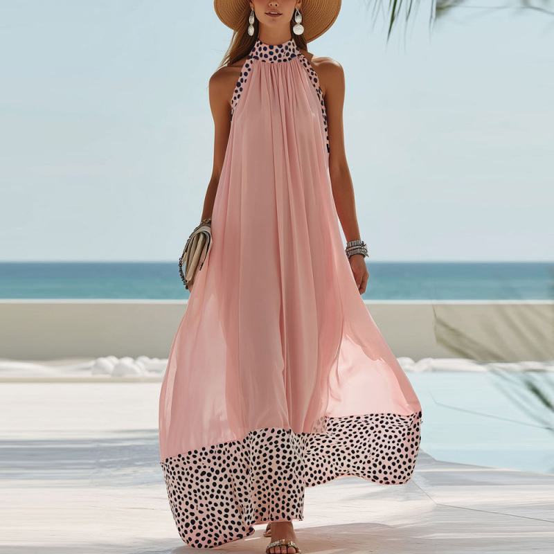 Women's Sheer Mesh Colorblock Halter Neck Sleeveless Maxi Dress