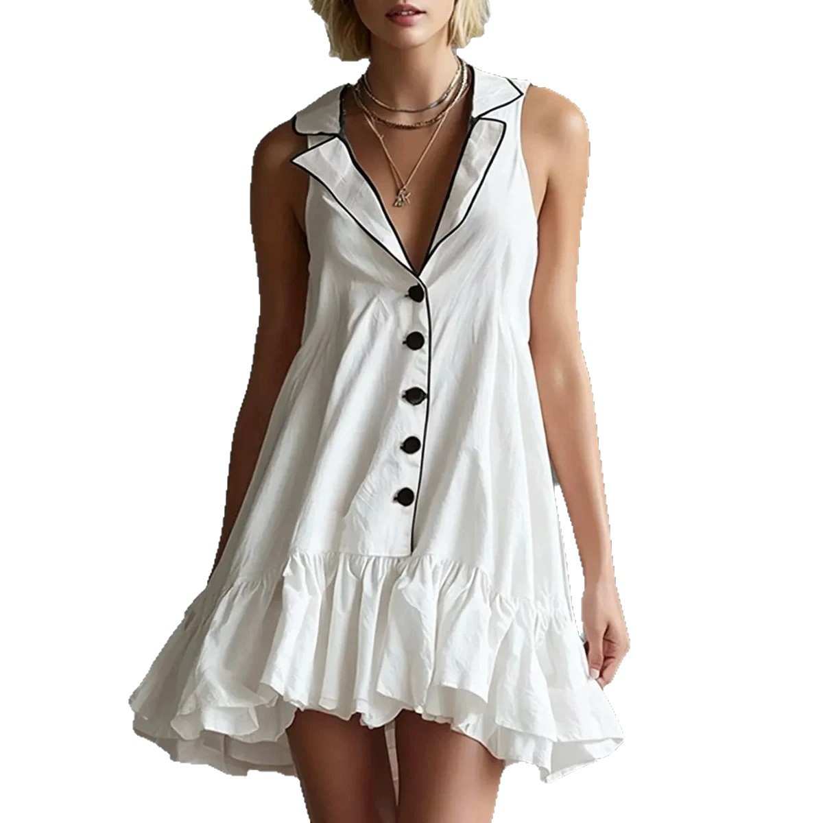 Solid Color Sleeveless Ruffle Dress with Collar and Buttons