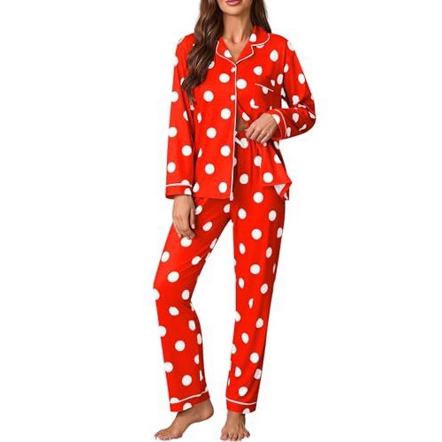 Women's Cuban Collar Polka Dot Print Long Sleeve Button Loungewear Set