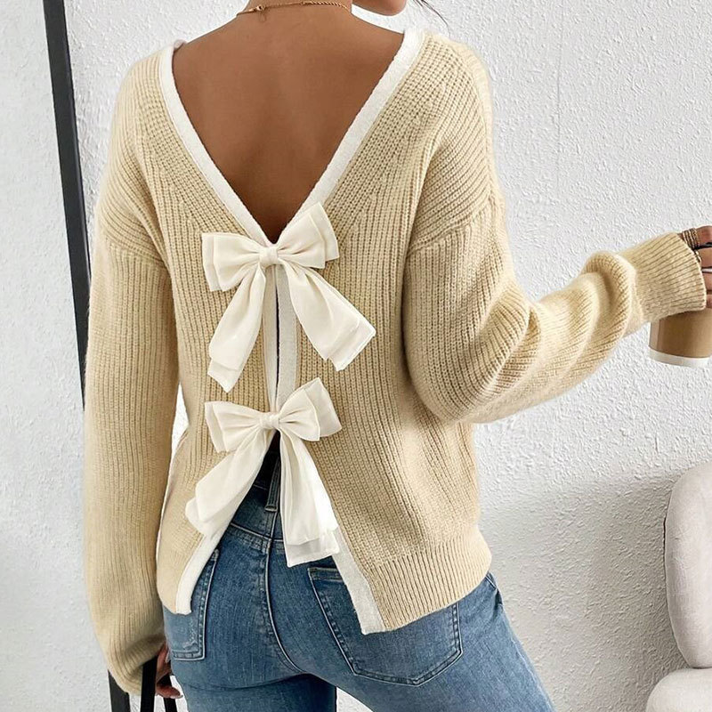 Women's Back Bow Crewneck Pullover Knit Sweater