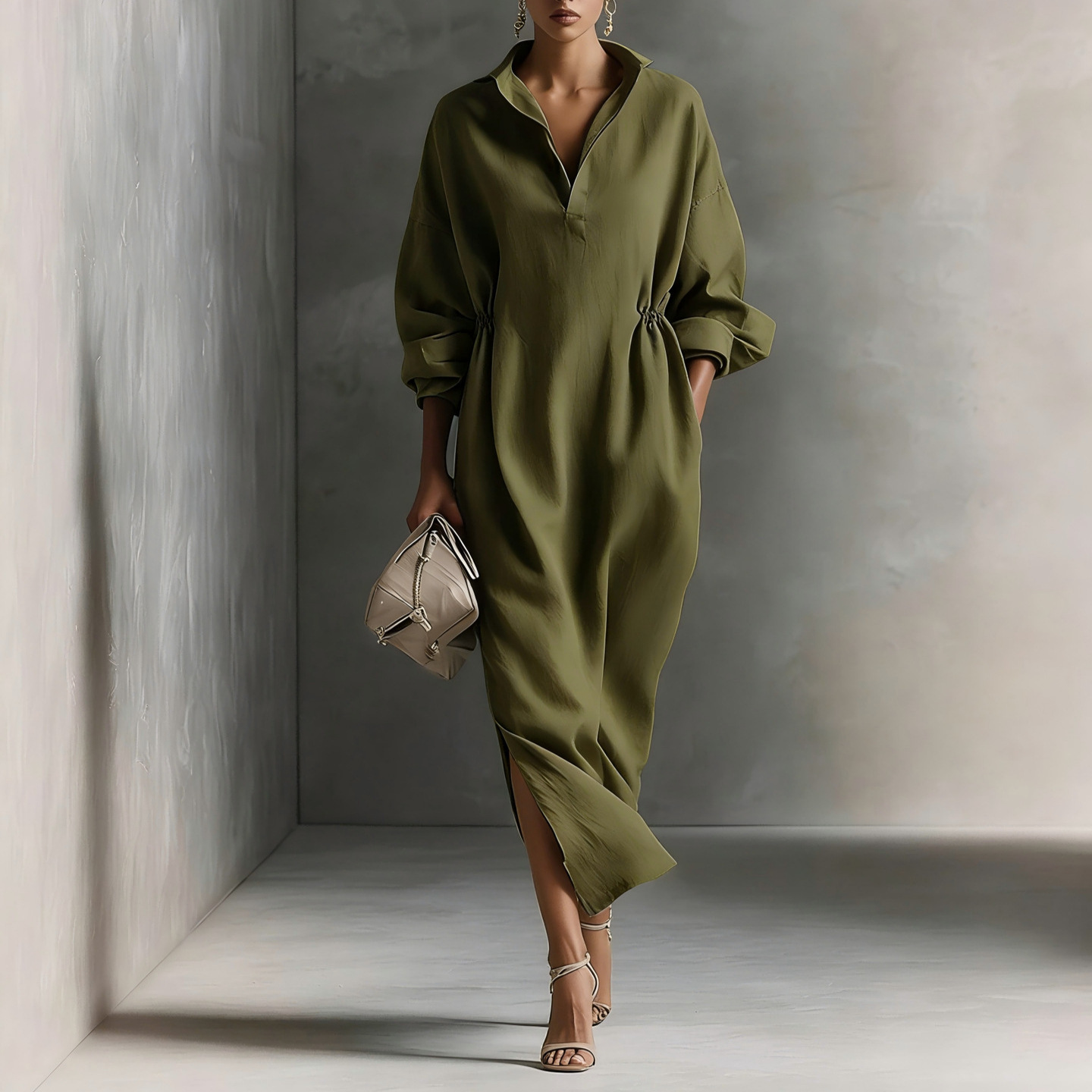 Women's French Casual Long Sleeve Collared Split Long Dress