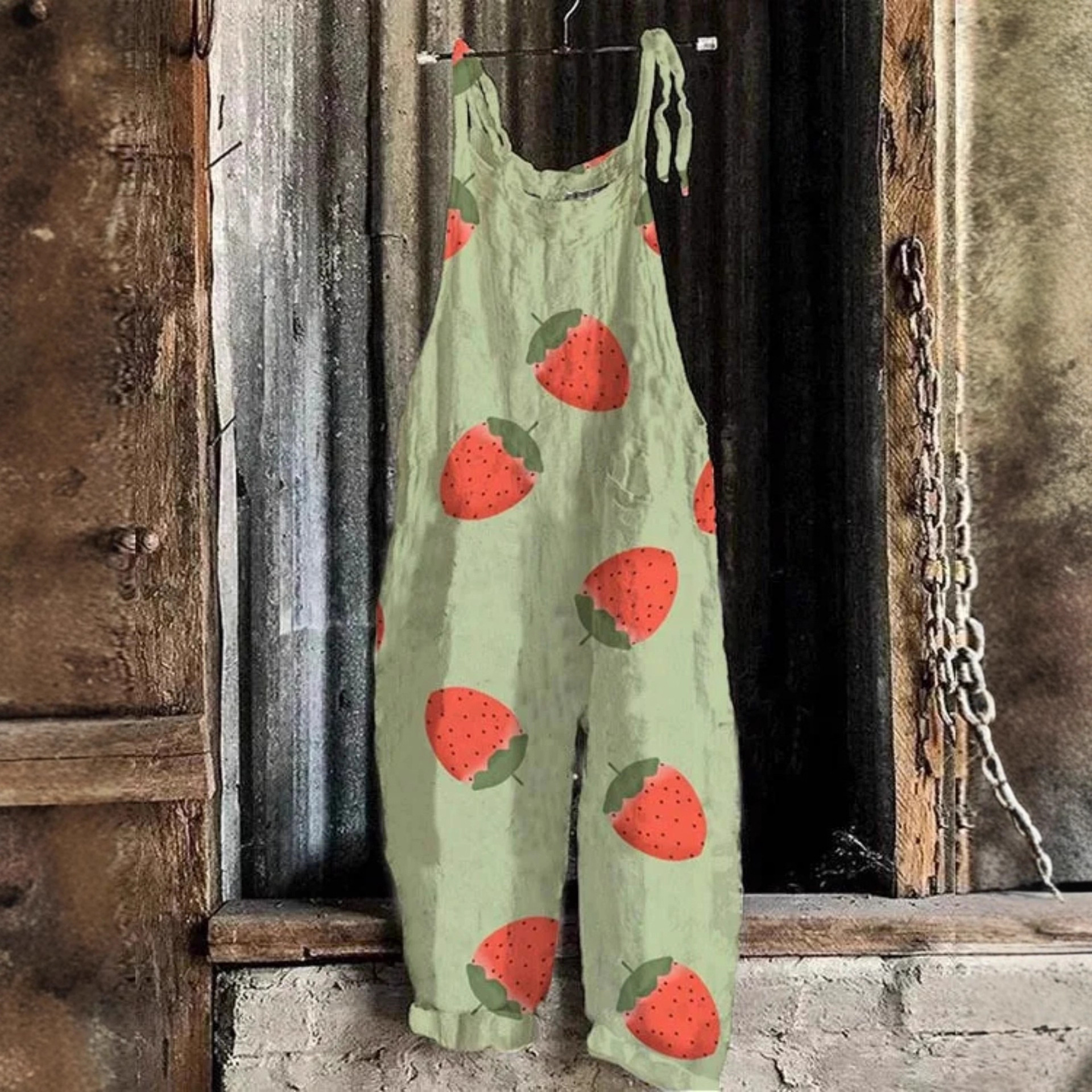 Women's Polka Dot Fruit Print Sleeveless Jumpsuit Casual Tie-Waist