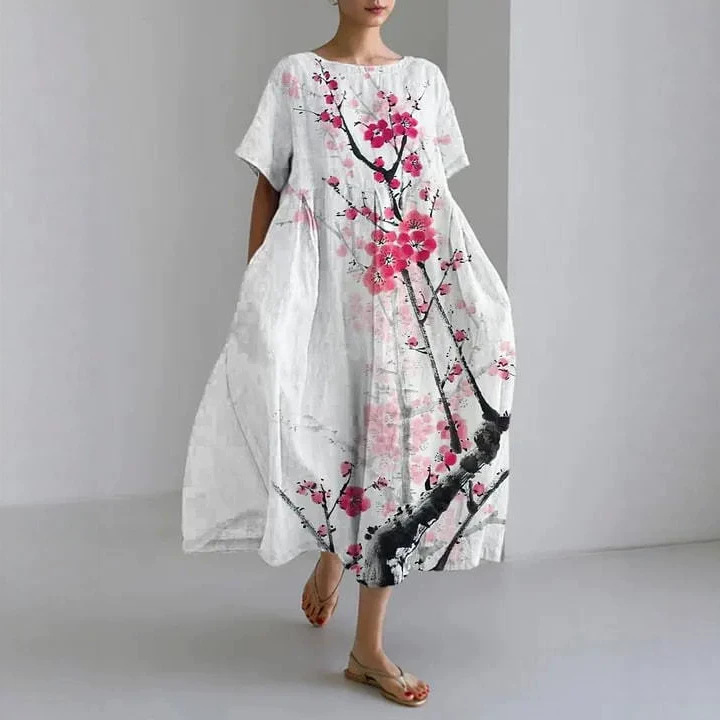 Women's Loose Round Neck Floral Print Midi Dress