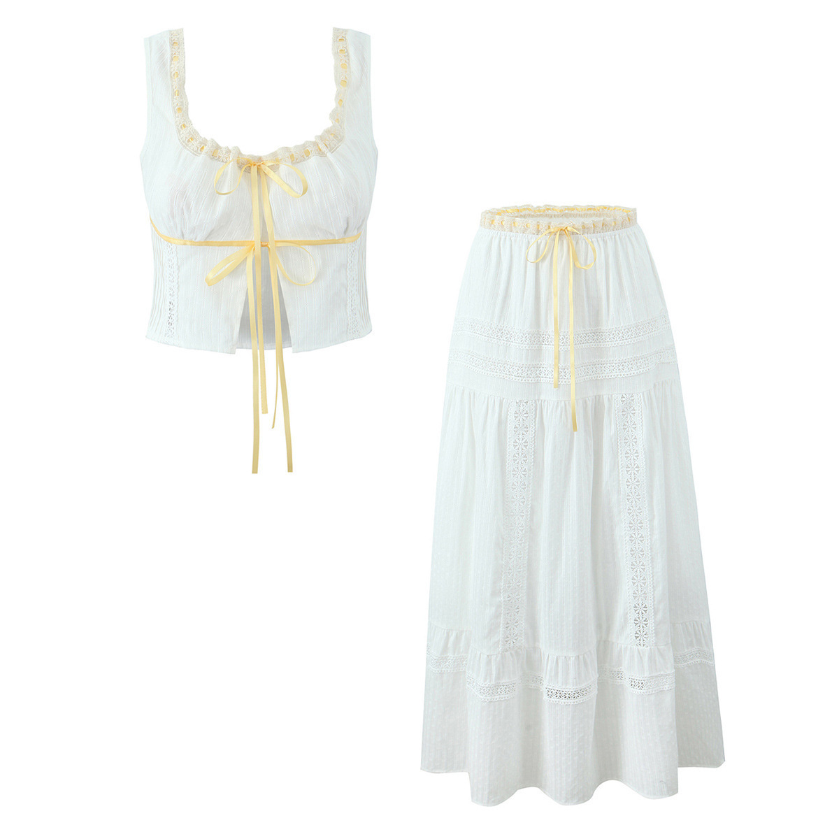 Color-Block Ribbon Sleeveless Top and Midi Skirt Two-Piece Set