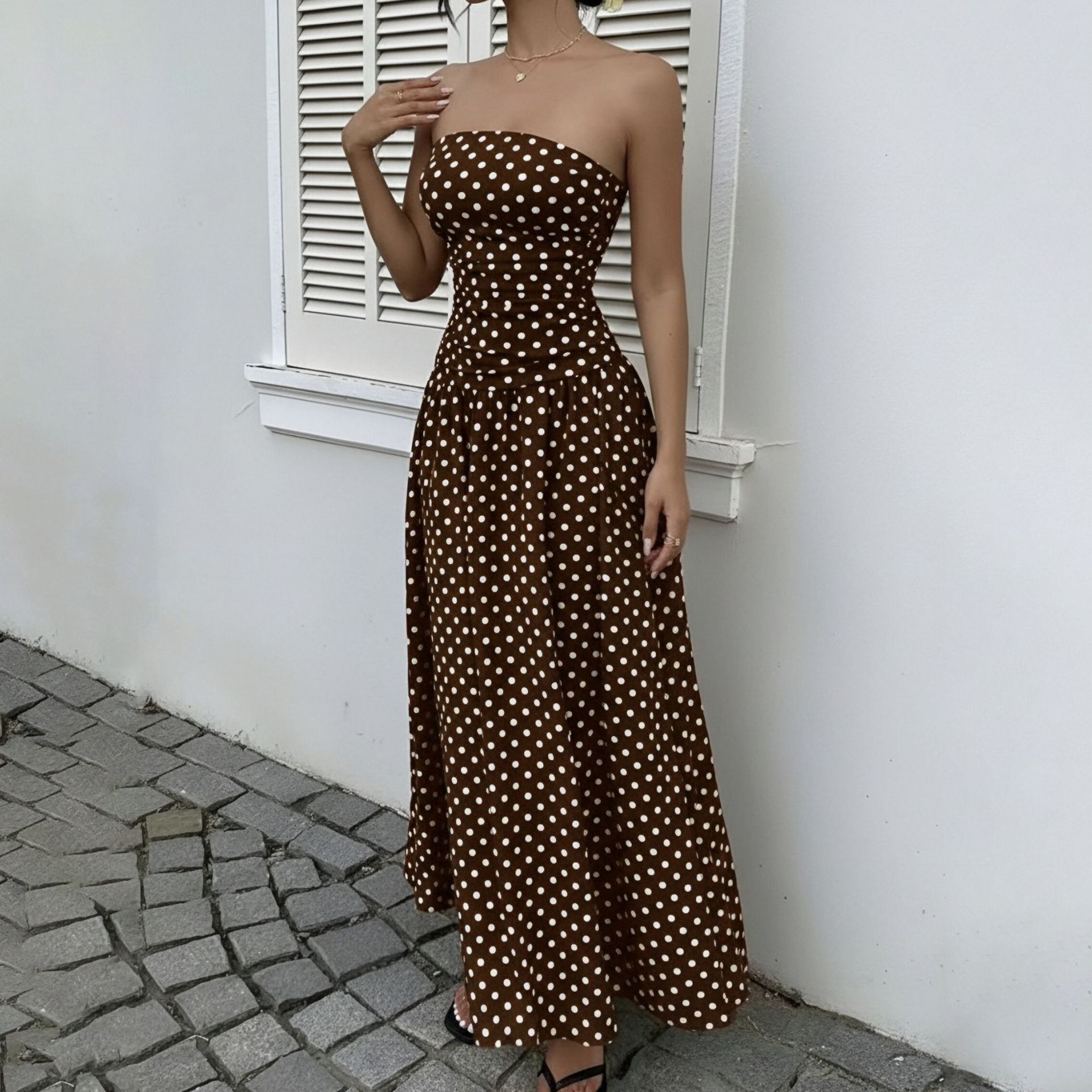 Women's Strapless Polka Dot French Vintage Bodycon Midi Dress