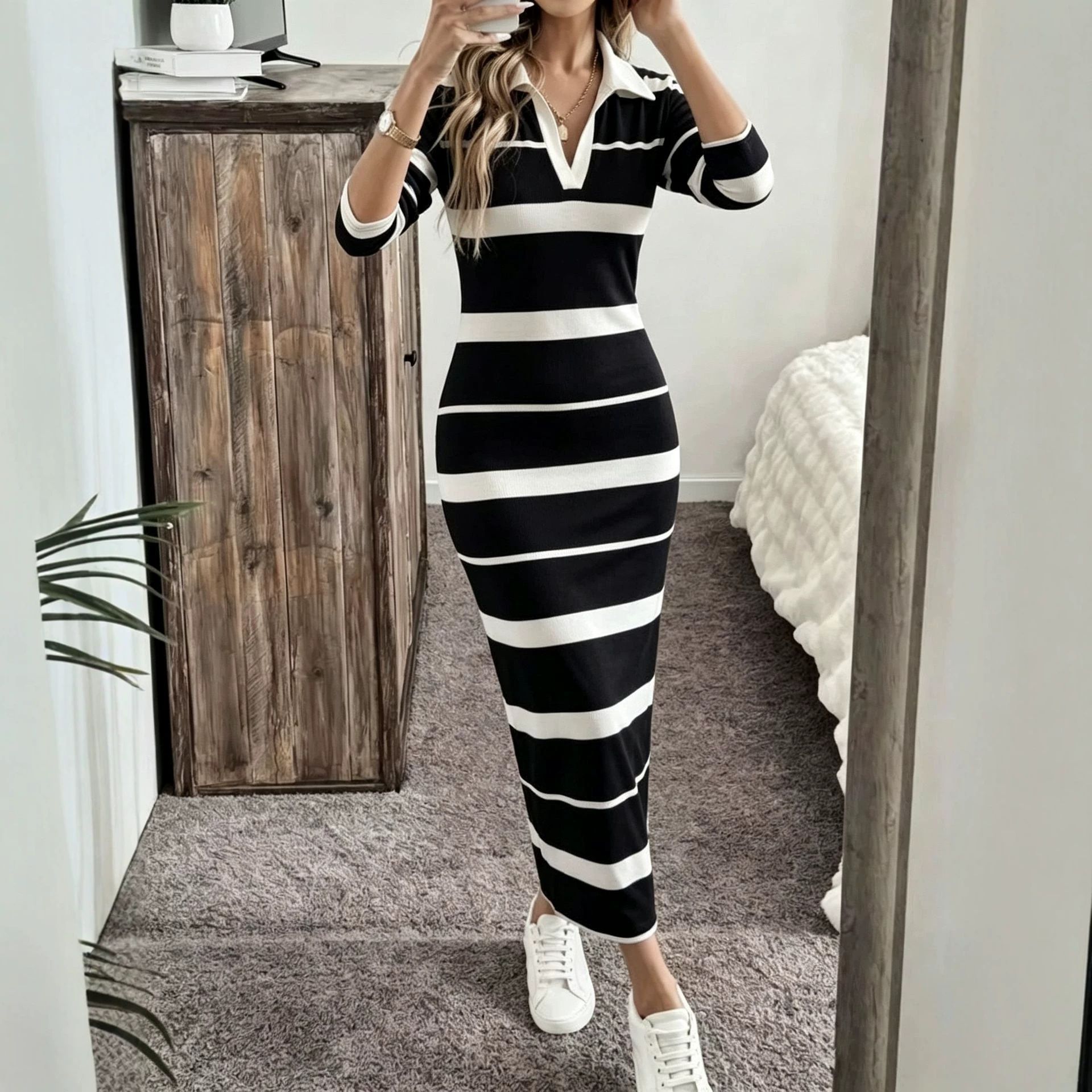 V-Neck Striped Print Long Bodycon Dress