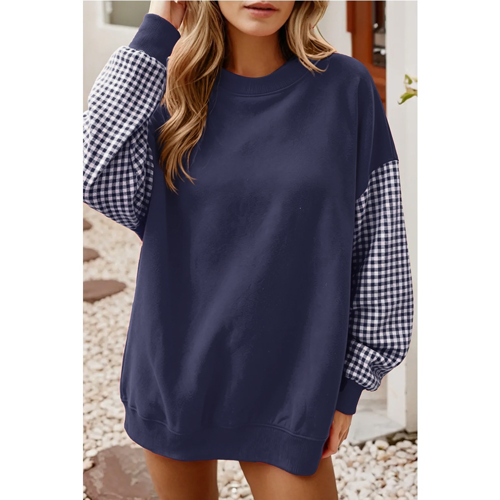 Women's Loose Crewneck Colorblock Plaid Long-Sleeve Sweatshirt