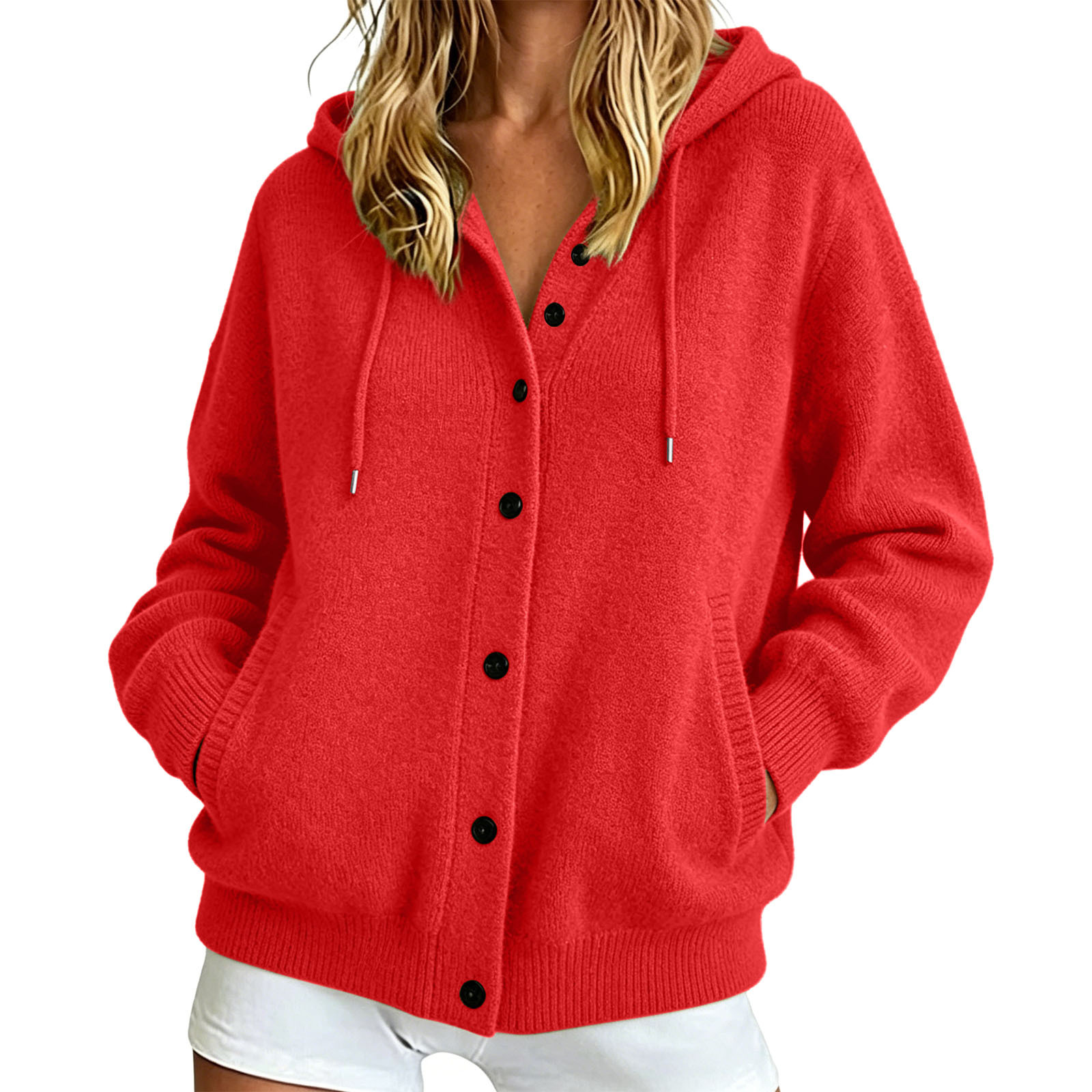 Button-Up Hooded Knit Cardigan Sweater, Solid Color Casual