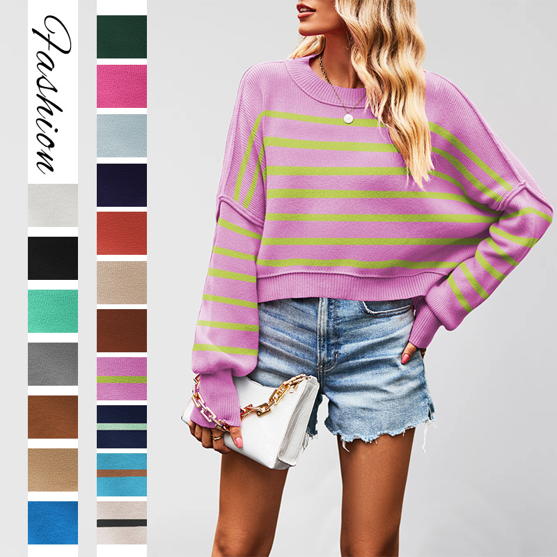 Women's Solid Crewneck Knit Sweater Loose Pullover Lantern Sleeve