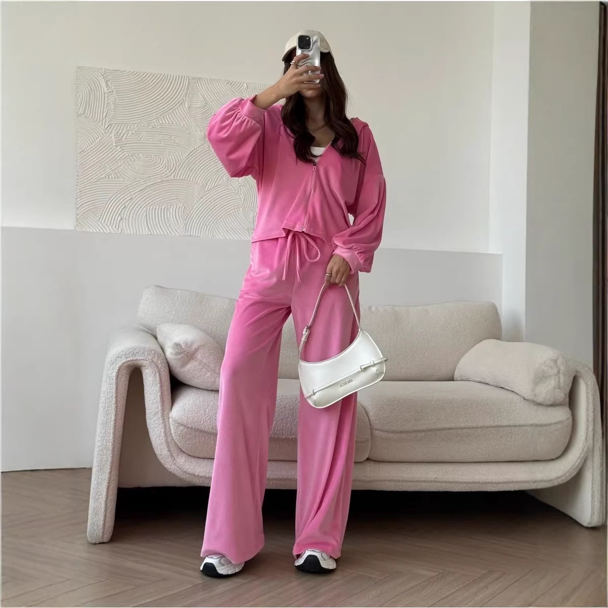 Women's Solid Color Hooded Zip Cardigan & Wide-Leg Pants Set