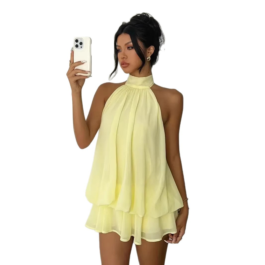 Solid Color Halter Neck Open Back Fitted Top Puff Skirt Dress