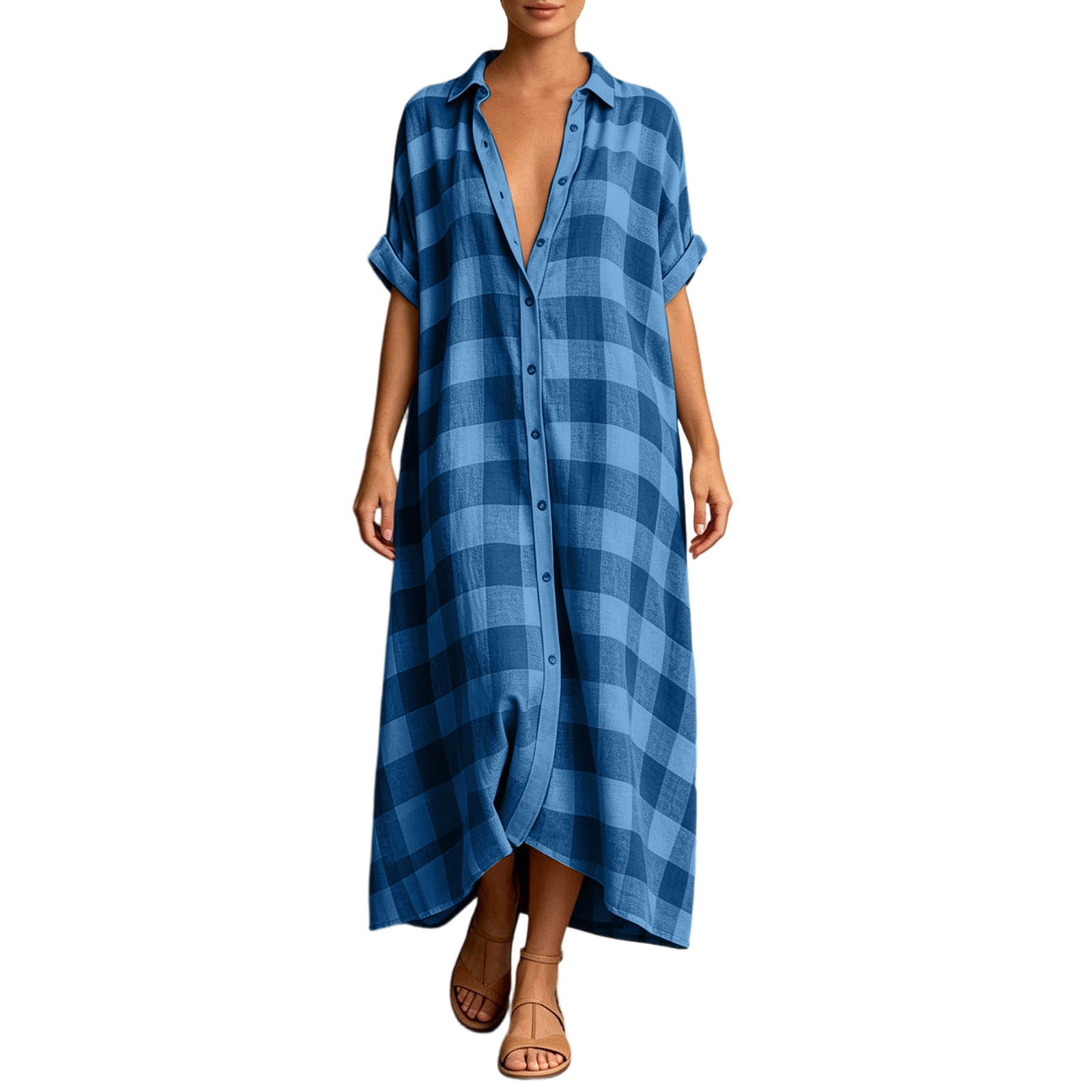 Women's Loose Plaid Shirt Dress Collared Button-Front Short Sleeve Long Vacation Dress