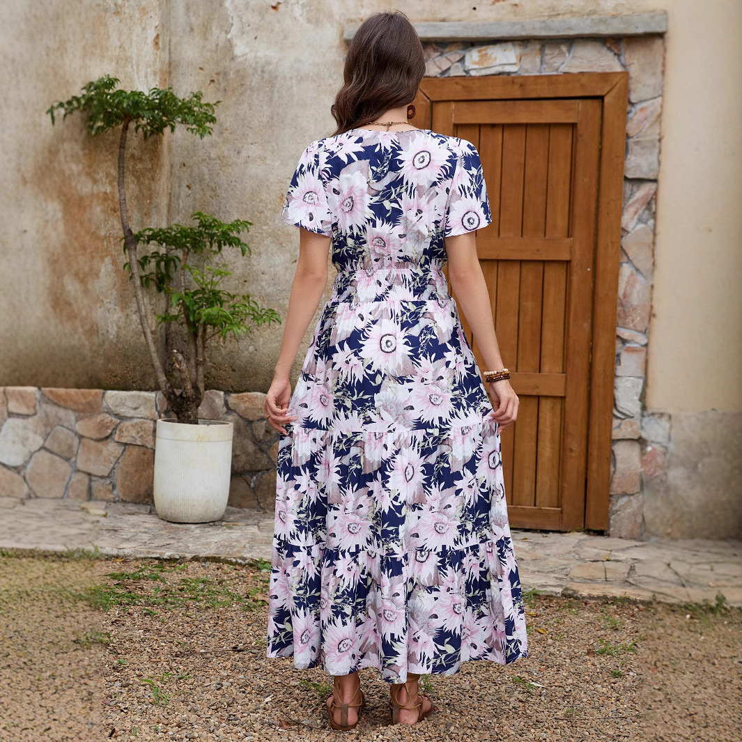 Floral Print V-Neck Short Sleeve Cinched Waist Flowy Maxi Dress