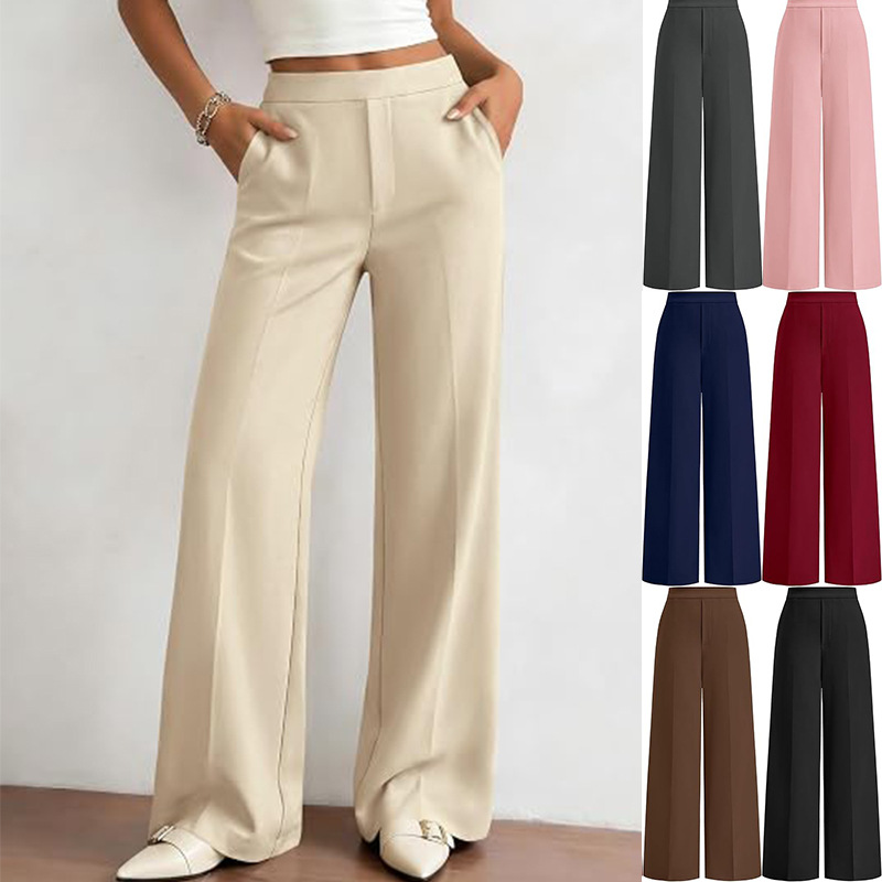 Women's Solid Color Wide-Leg Pants Elastic Waist Casual Commuter Trousers