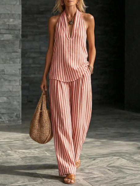 Striped Linen V-Neck Sleeveless Top & Wide-Leg Pants Set