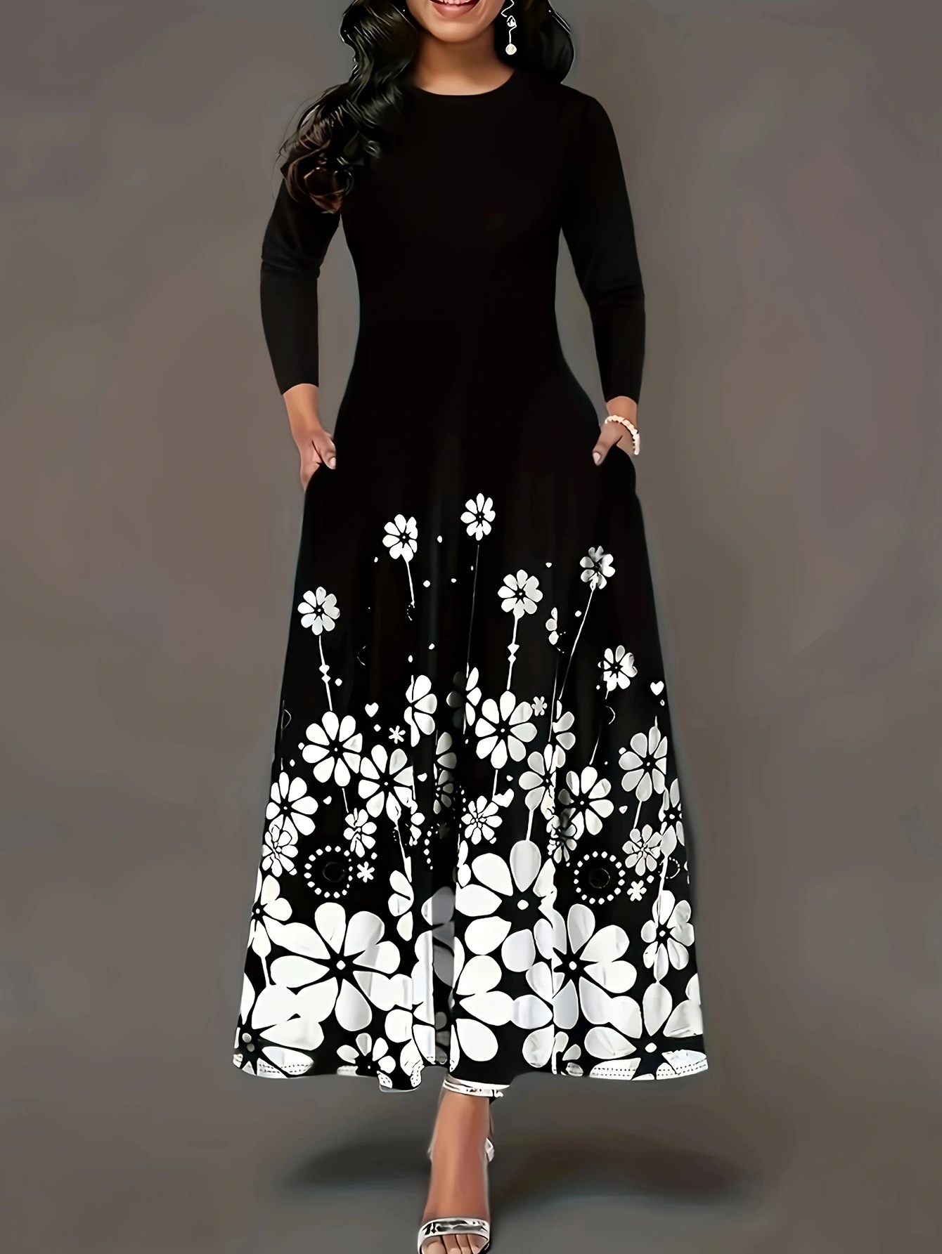 Women's Long Sleeve Printed Loose Round Neck Pleated Midi Dress