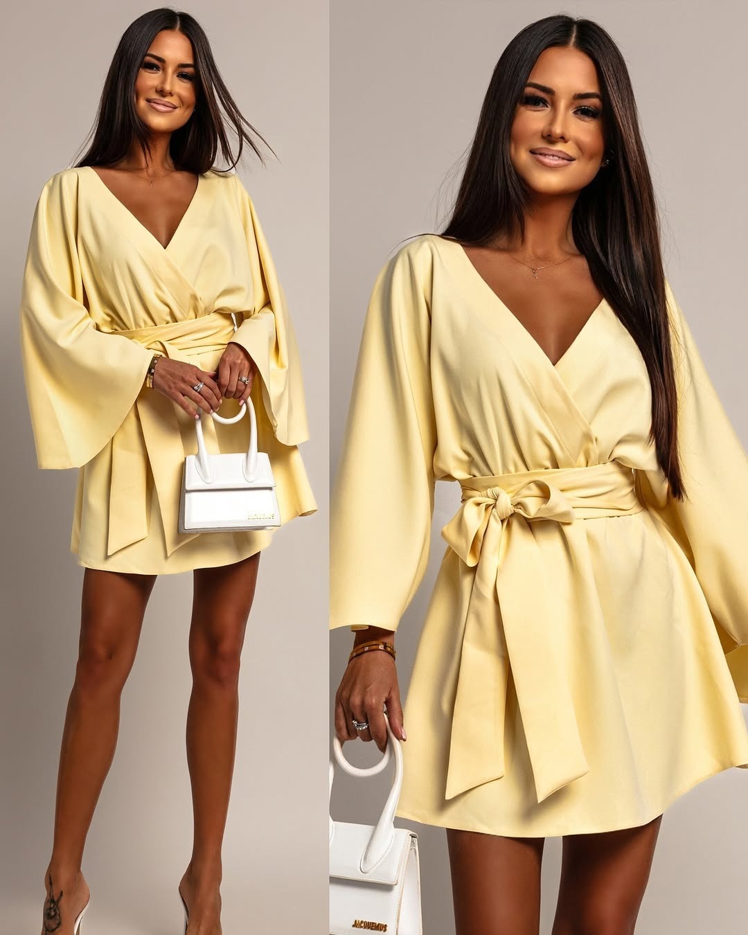 V-Neck Tie-Waist Batwing Sleeve Solid Dress