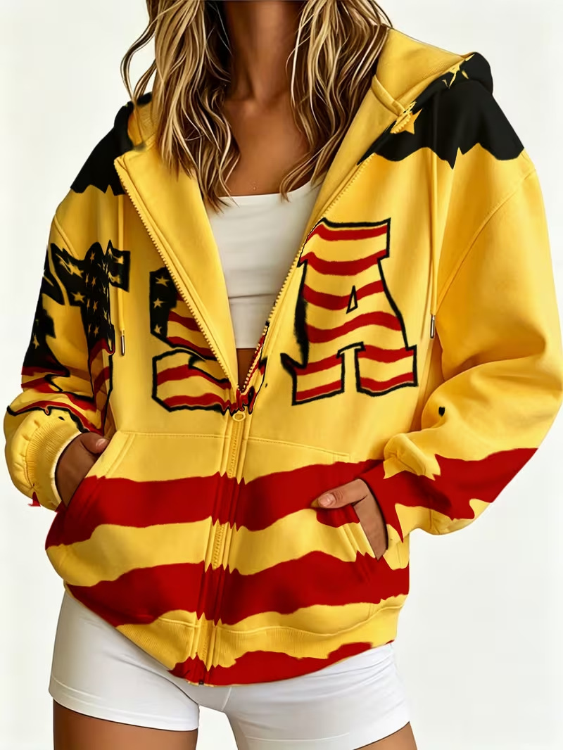 Women's Colorblock USA Flag Striped Zip-Up Hoodie