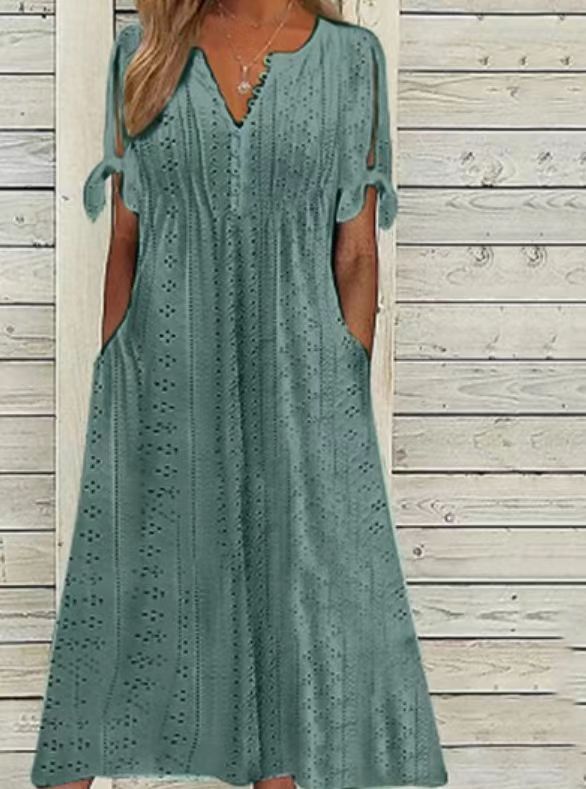 Women's Casual Loose High Waist Embroidered Solid Color Dress