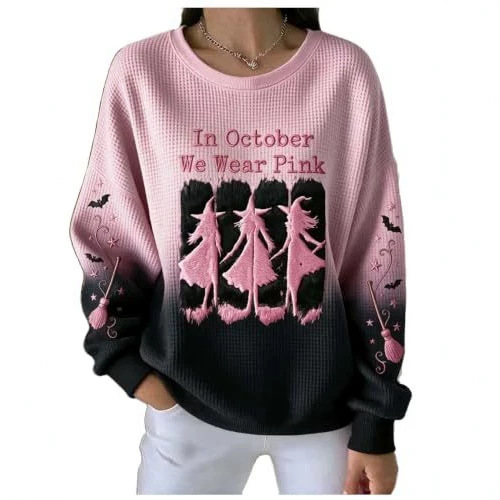 Halloween Witch Broom Print Crewneck Long-Sleeve Pullover Sweatshirt