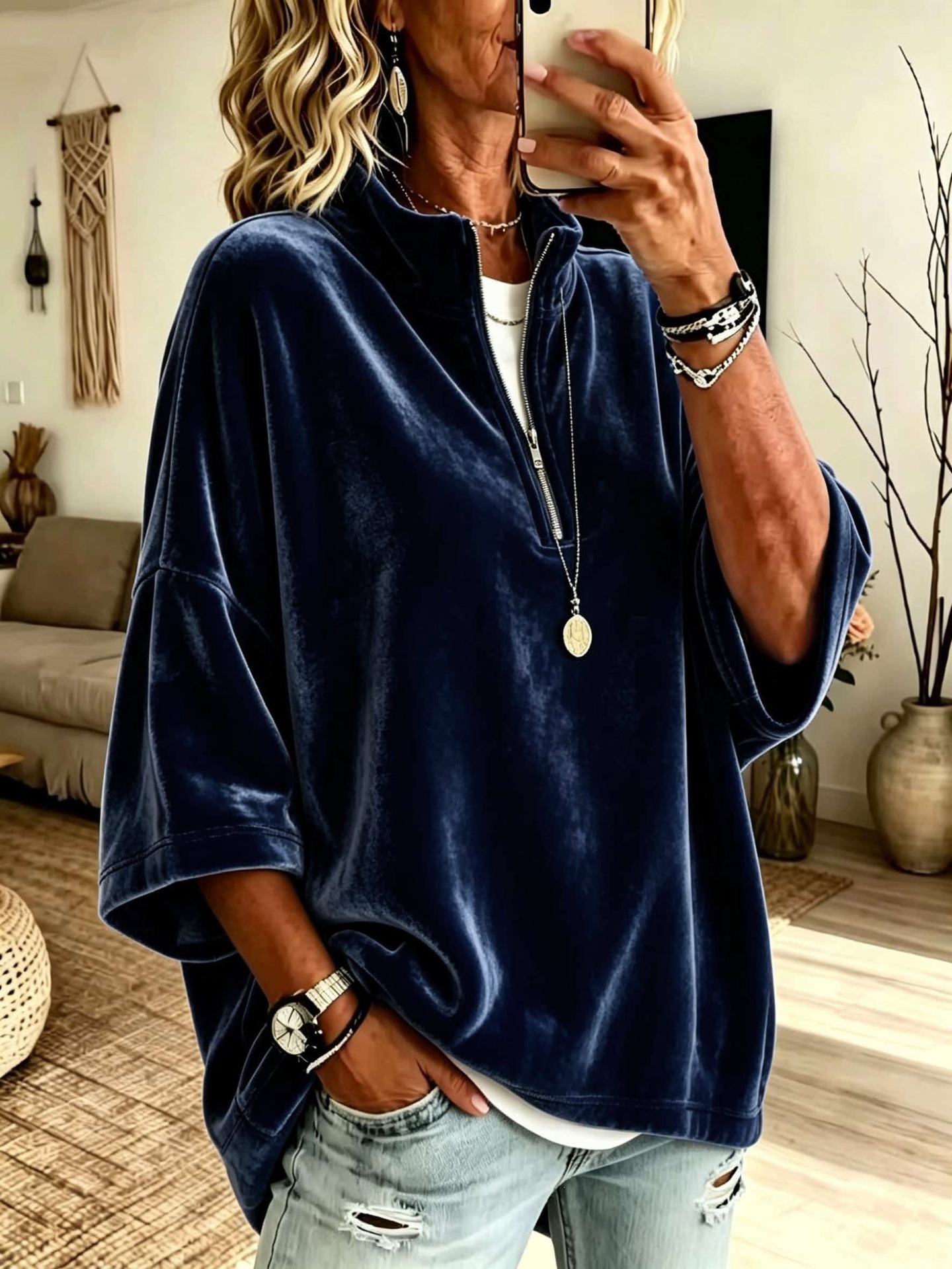 Women's Velvet Zip-Up Top with 7/8 Sleeves and High Neck