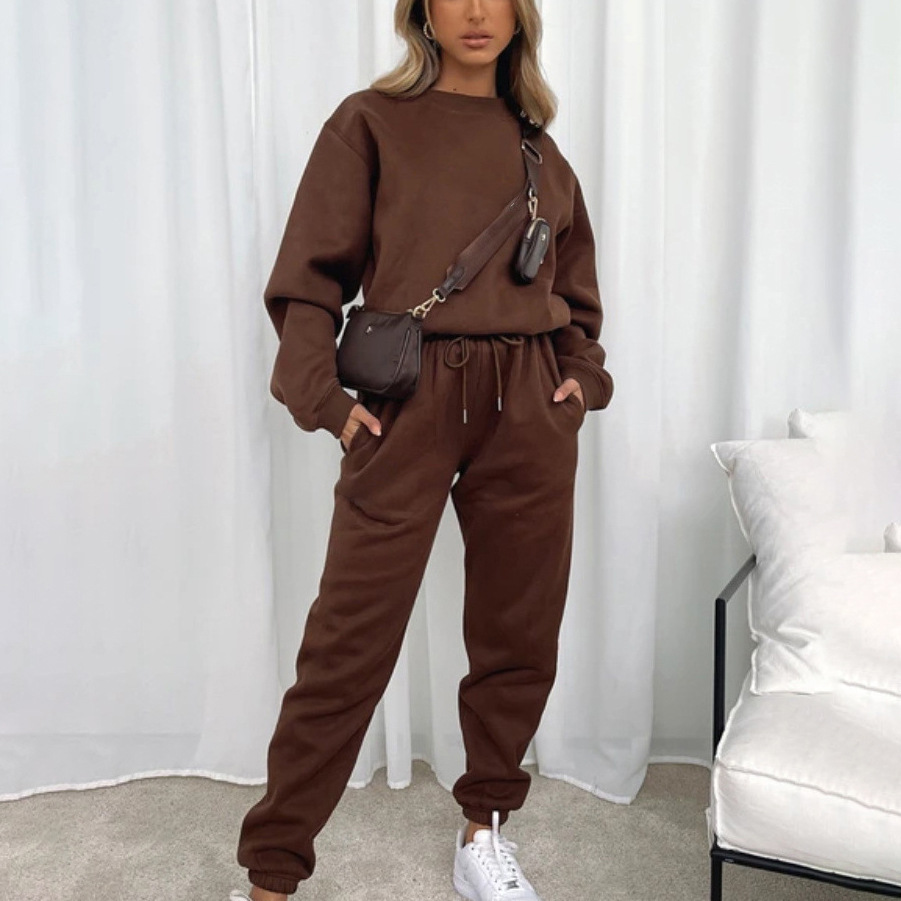 Women's Solid Color Crewneck Long Sleeve Sweatshirt and Pants Set
